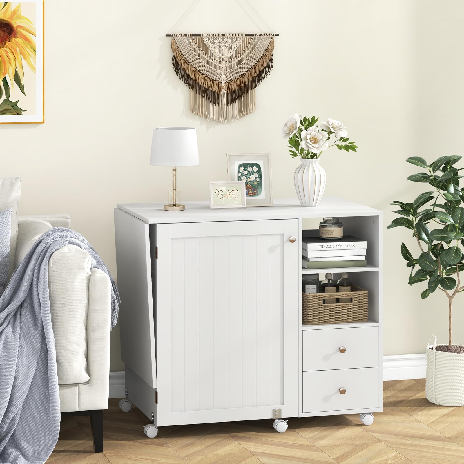COSTWAY White Folding Sewing Machine Table with Charging Station - Portable Sewing Cabinet with Lockable Wheels, Storage Shelves, 2 Bins & Drawers, 18 Pegs - Perfect Sewing Desk for Small Spaces & Craft Rooms, Home Studios & DIY Projects