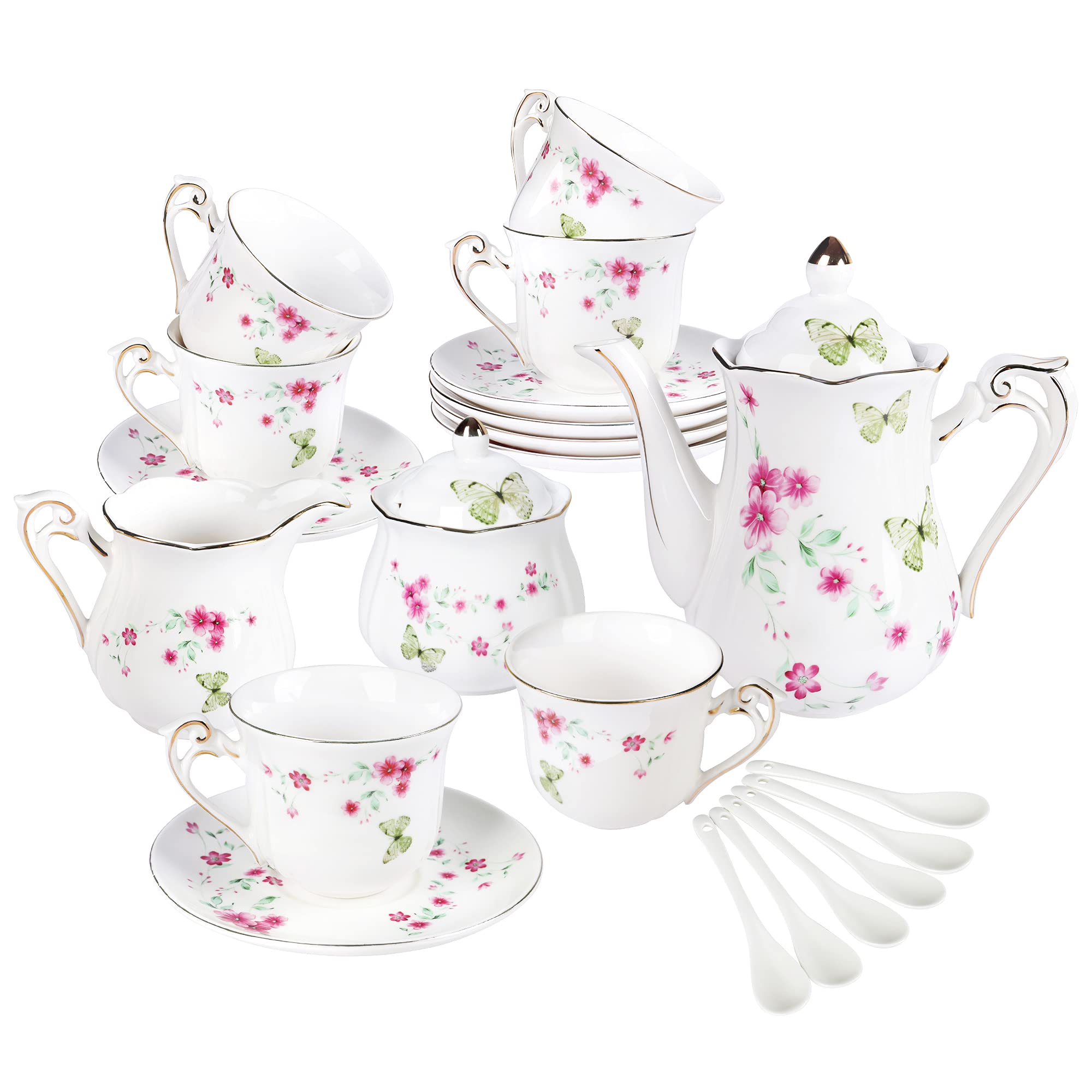 Fanquare 21-Piece Floral Butterfly Porcelain Tea Set - Spring Blossoms Tea & Coffee Service for 6, Perfect for Afternoon Tea Parties, Bridal Showers & Elegant Home Decor