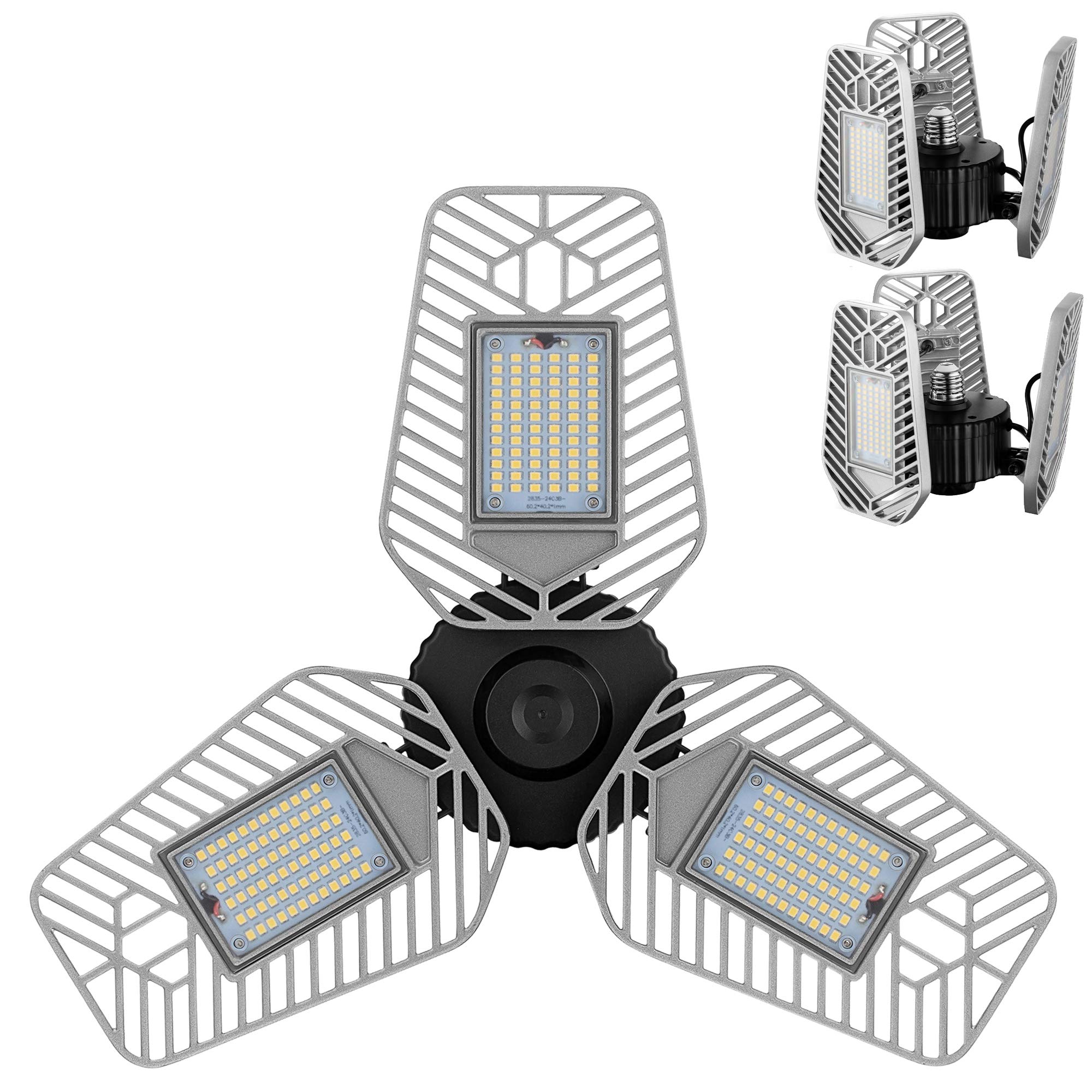 2-Pack 9000 Lumens LED Garage Lights, 82W Adjustable Deformable Ceiling Shop Lights with CRI 80 - Bright Lighting for Garage, Workshop, Basement & Storage Areas (No Motion Sensor)