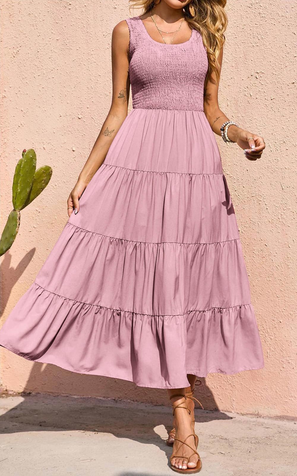 PRETTYGARDEN Women's Casual Loose Plain Maxi Sundress - Smocked Tank Dress Sleeveless Summer Beach Tiered Long Dresses for Vacation, Pool Party & Outdoor Activities