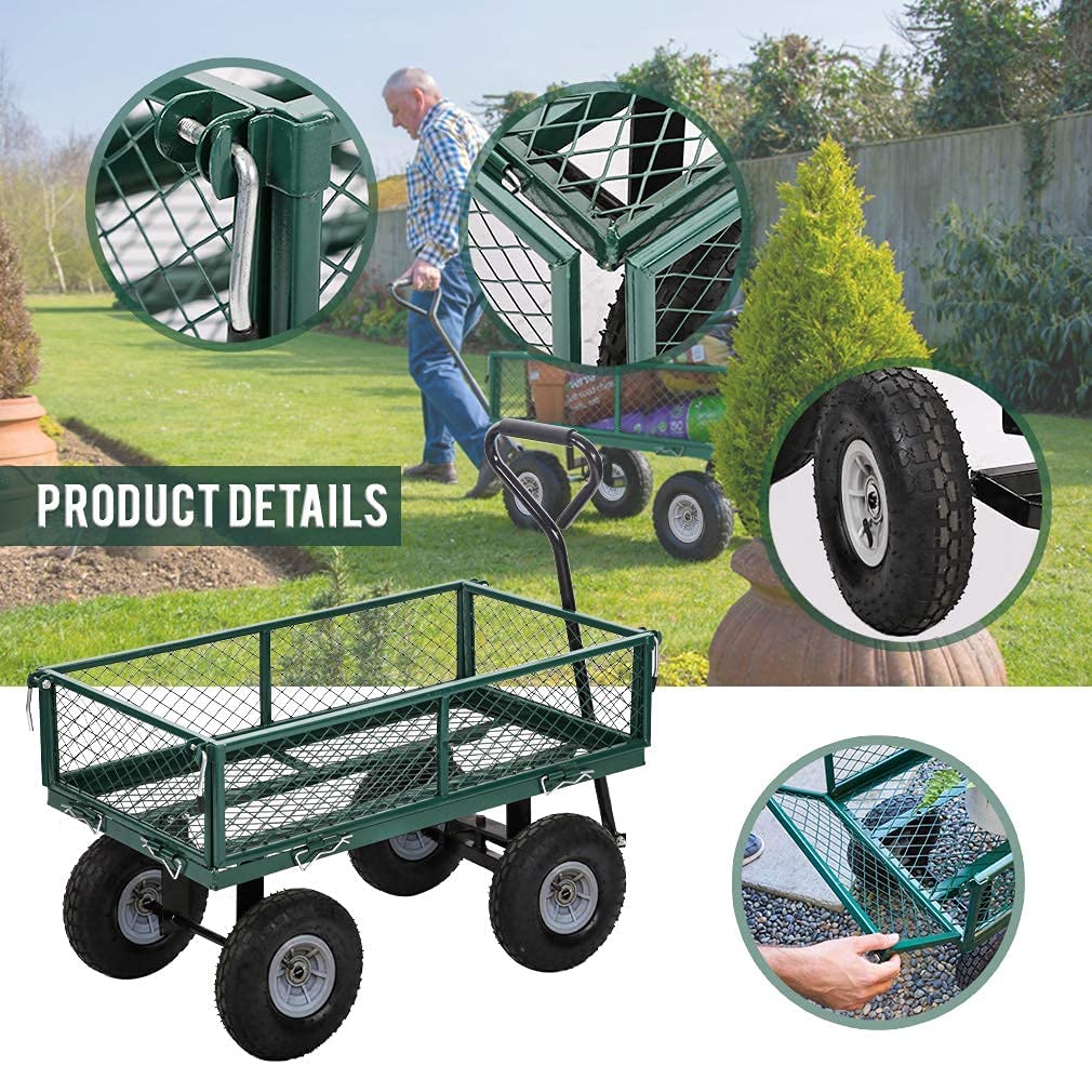 **Heavy Duty 650 lbs Capacity Garden Cart - 4-Wheel Steel Utility Wagon with Removable Sides for Yard, Lawn, Beach, Camping & Picnic - Collapsible Folding Green Outdoor Dump Wagon**    *(Perfect for Gardening, Landscaping, Hauling Firewood, Beach Trips, Camping Gear & Outdoor Adventures)*
