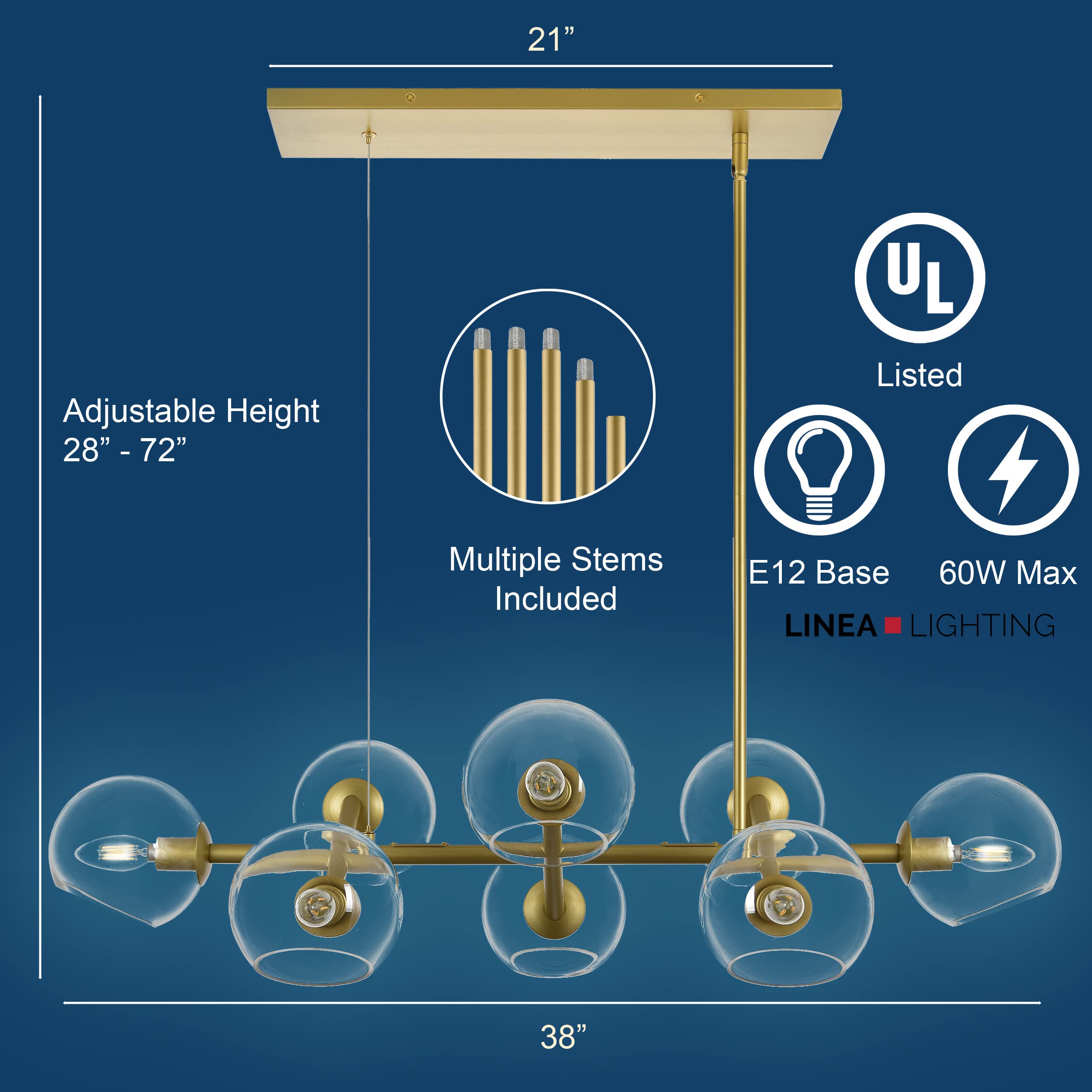 8-Light Gold Modern Rectangular Chandelier - Farmhouse Dining Room Light Fixture with Clear Glass Globes - UL Listed - Perfect for Kitchen Islands, Dining Tables & Open Concept Living Spaces