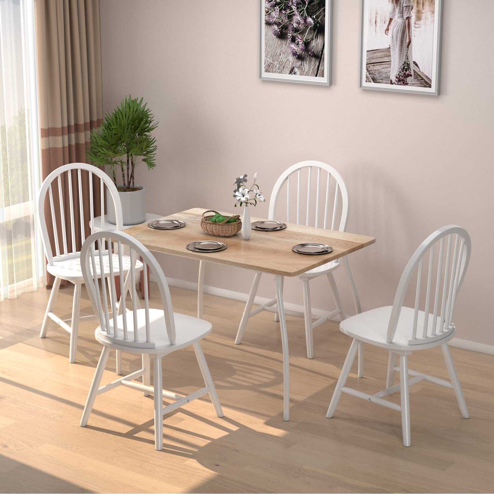 KOTEK Set of 2 Windsor Dining Chairs - Solid Wood Spindle Back Chairs with Wide Seat, Farmhouse Style Armless Side Chairs for Kitchen, Dining Room & Living Room - Perfect for Family Dinners & Home Decor (White)
