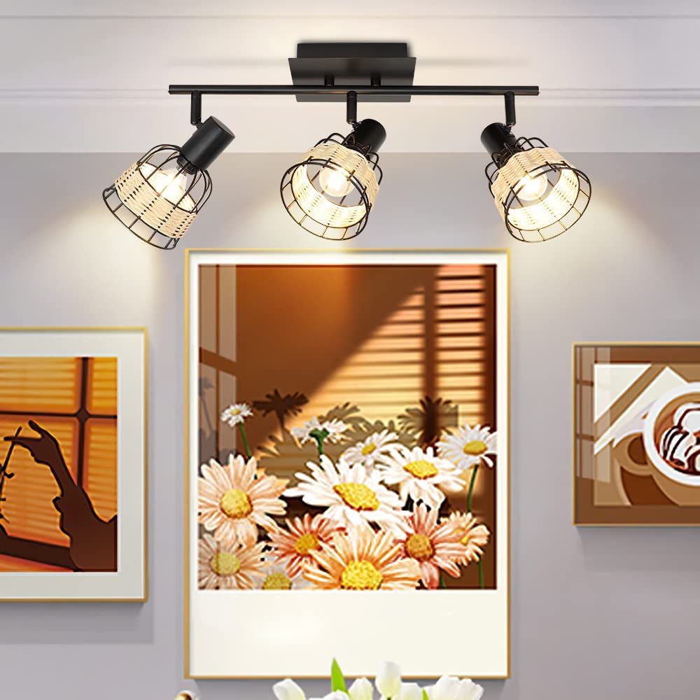 Depuley 3-Way Adjustable Ceiling Light Fixture - Black Metal & Woven Lampshade Spotlight for Kitchen, Living Room, Bedroom, Dining Room, Hallway (Bulbs Not Included) | Modern Lighting for Home Decor & Ambient Illumination