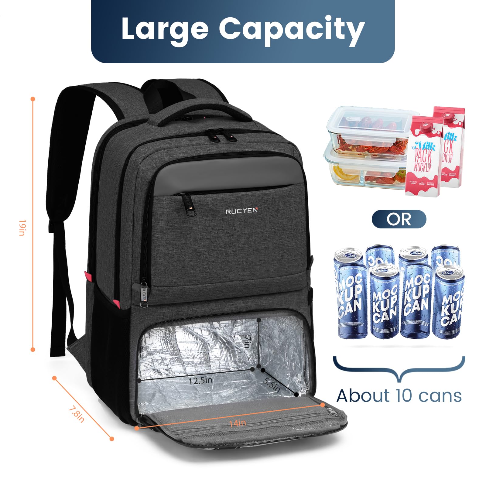 17.3 Inch Insulated Lunch Backpack with USB Port & RFID Blocking - Large Cooler Travel Laptop Backpack for Men & Women - Perfect for Work Commute, Picnics, Outdoor Activities & Business Travel (Black)