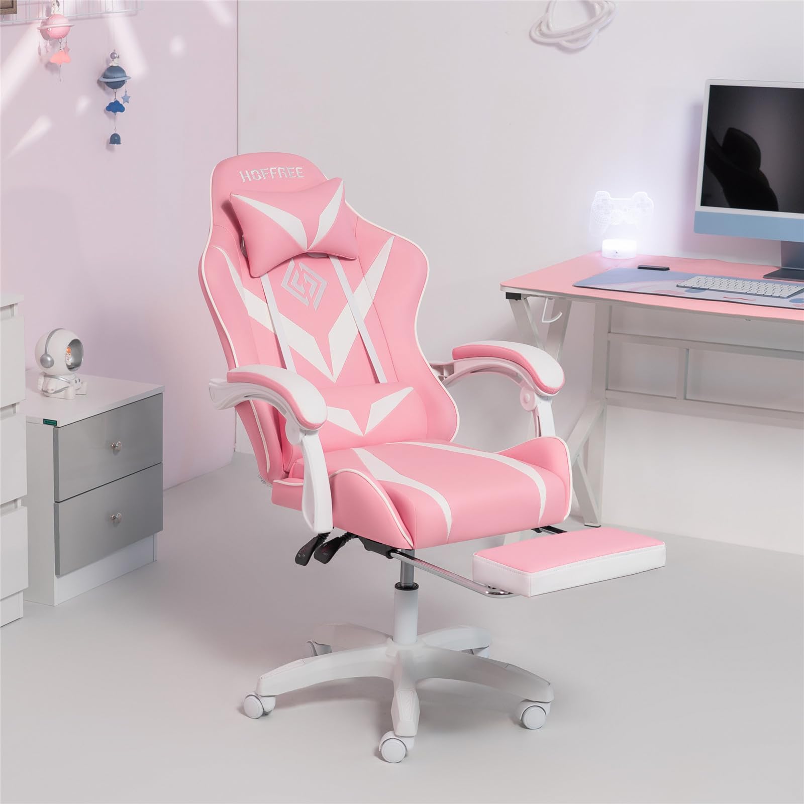 HOFFREE Pink Gaming Chair with Massage & Footrest - Ergonomic Computer Chair with Lumbar Support & Headrest - Reclining PC Gamer Chair for Women & Girls - Perfect for Gaming Setup, Home Office & Streaming Room