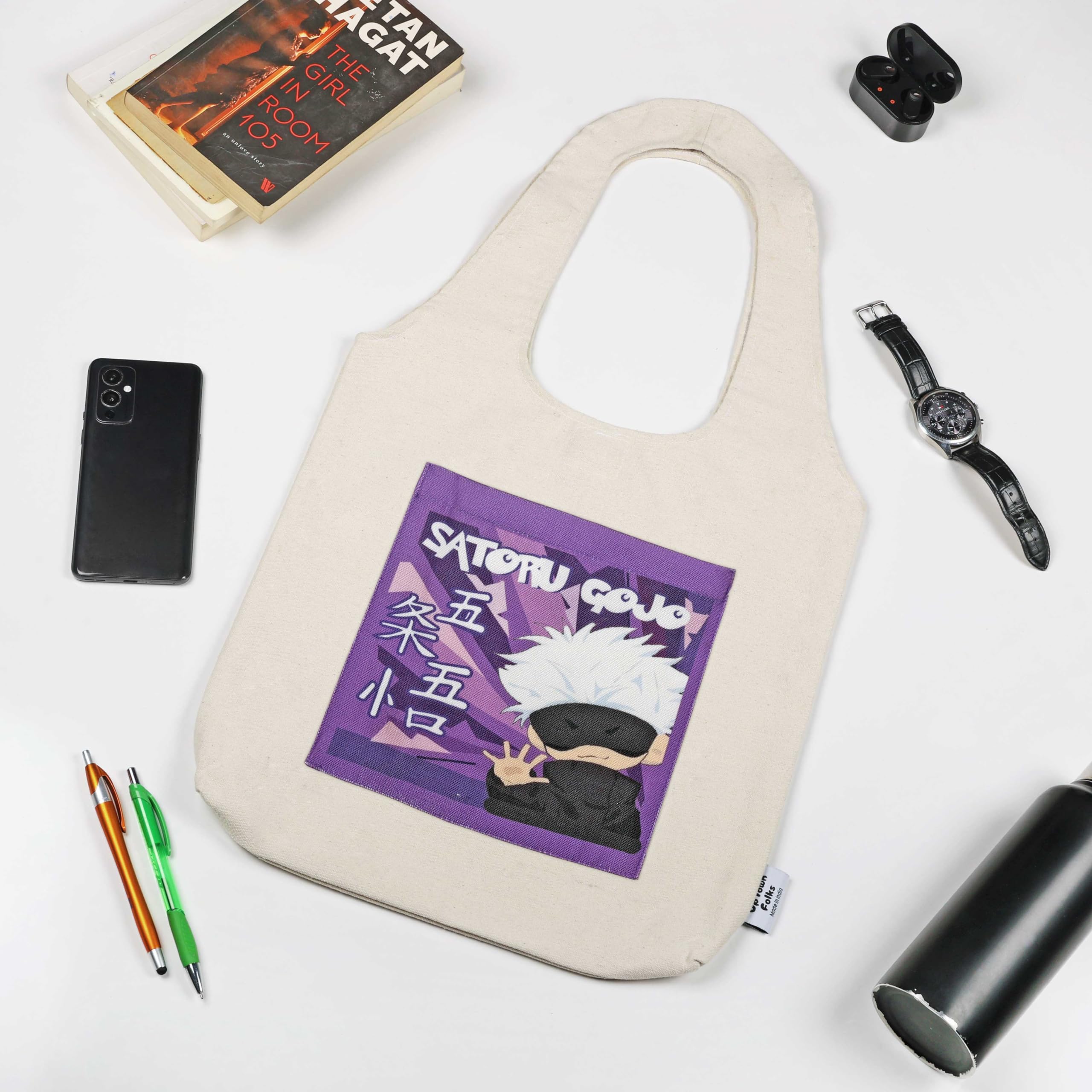 UpTown Folks Satoru Gojo Anime Tote Bag - Durable Canvas Unisex Shoulder Bag with Magnetic Closure & 2 Pockets - Perfect for Shopping, Work, School & Anime Conventions