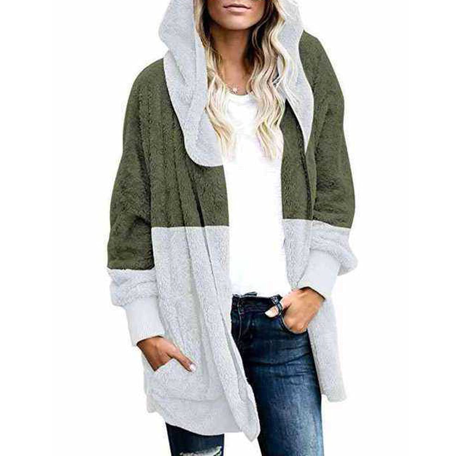 ZEFOTIM Plus Size Coats for Women - Fashion Plush Pocket Hooded Cardigan Jacket | Casual Loose Stitching Outerwear for Winter & Fall | Cozy Lounge & Outdoor Wear
