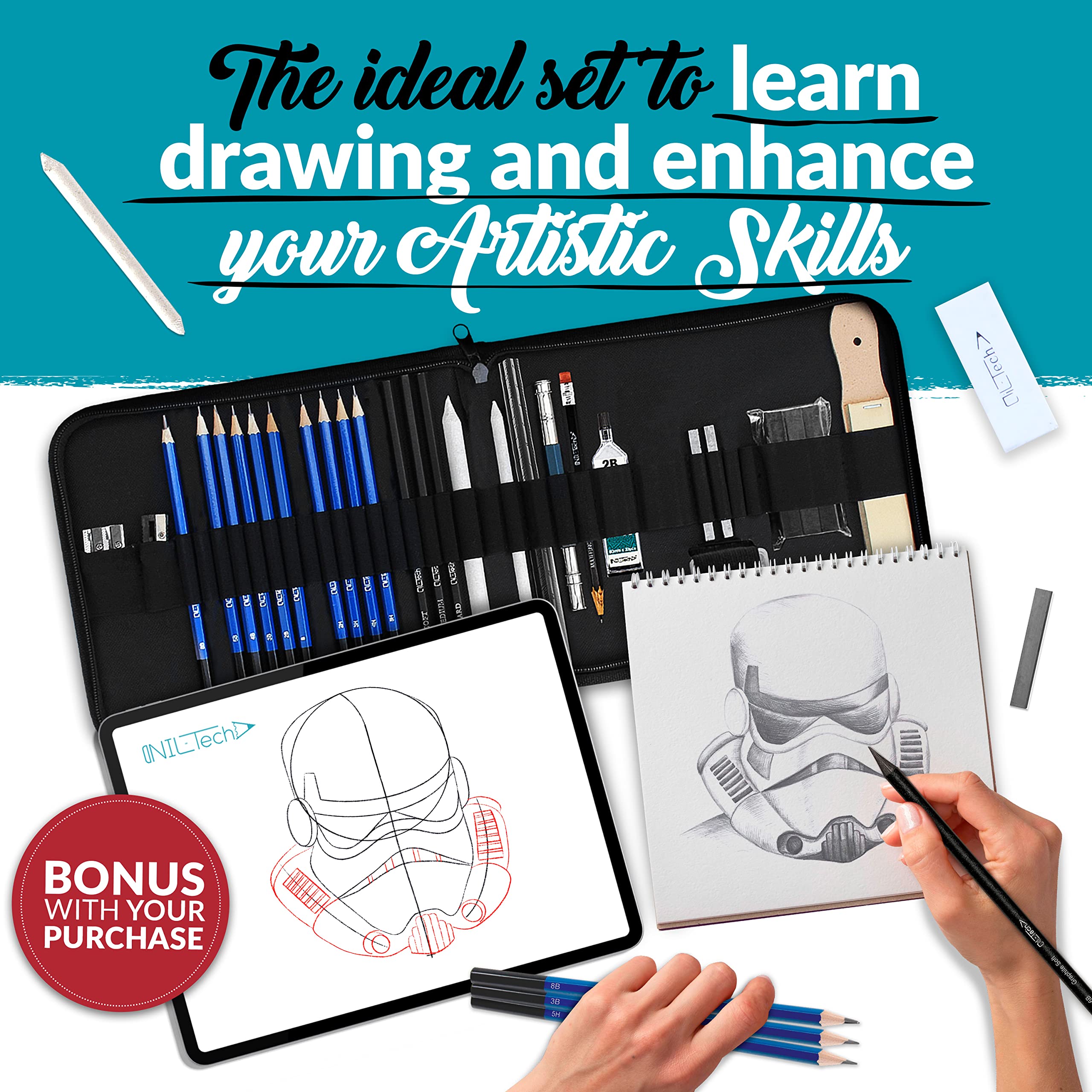 Graphite Drawing Pencils & Sketching Kit - 37-Piece Art Set with Tan Sketchbook for Artists & Beginners