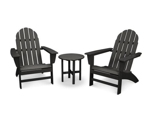 Polywood Black Vineyard 3-Piece Adirondack Chair Set - Outdoor Patio Furniture for Garden, Poolside & Backyard Relaxation