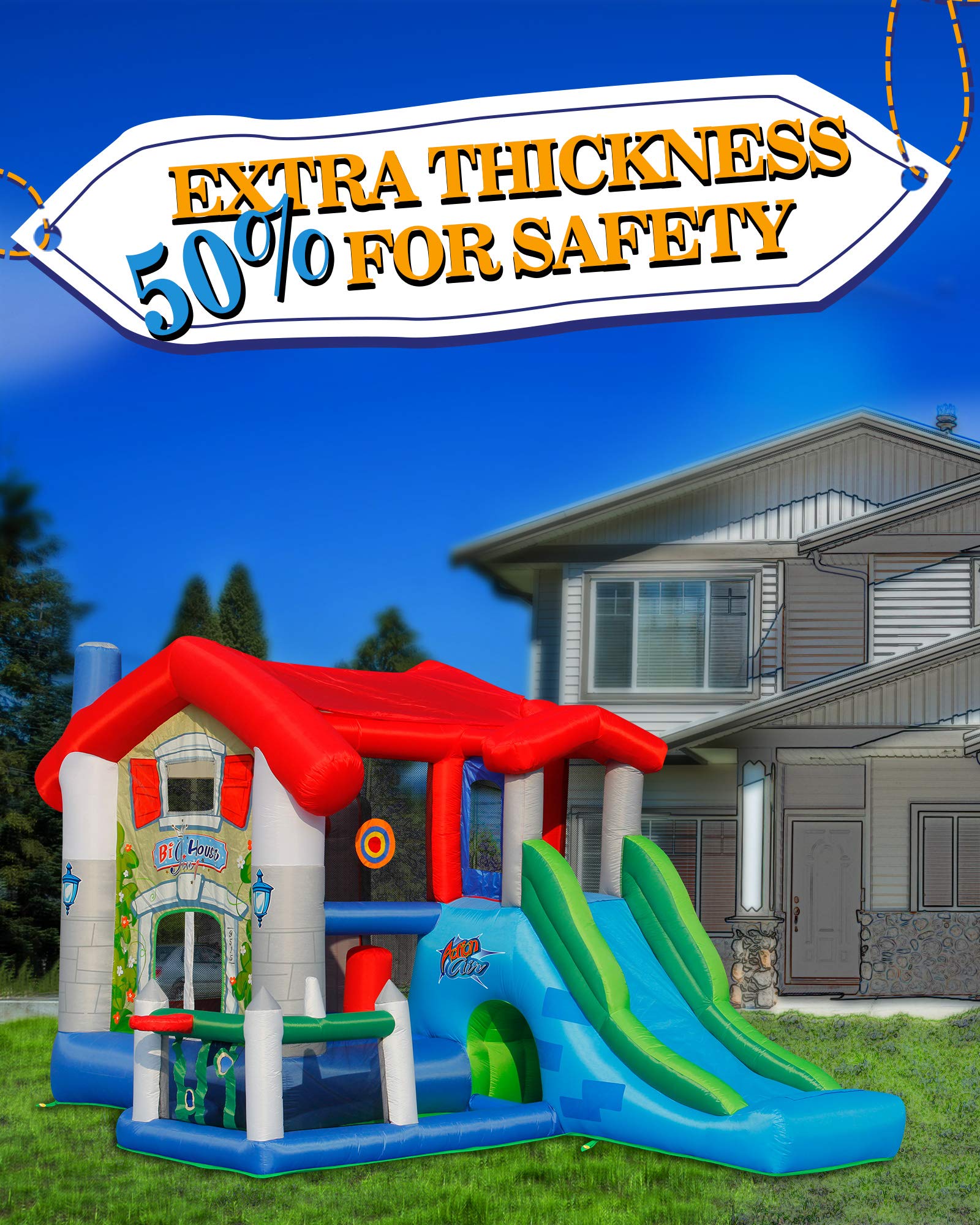 Action Air Bounce House with Blower - Inflatable Jumping Castle for Kids, Foldable Sunroof, Outdoor Party & Backyard Play (No Balls Included)