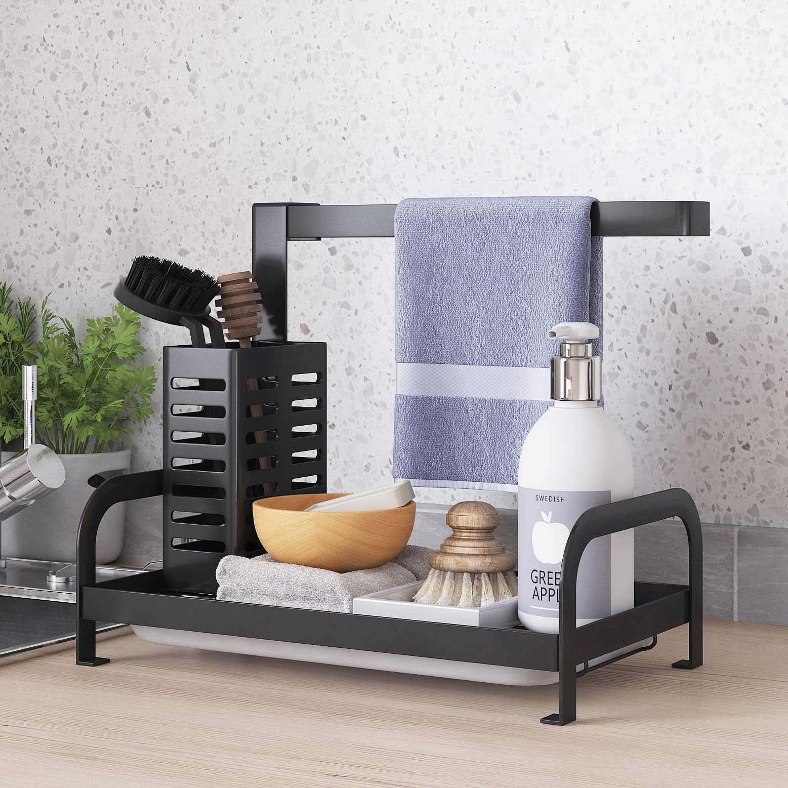 UMDONX Kitchen Sink Organizer - Dish Sponge Holder & Washing Up Caddy for Sink Organization - Black | Perfect for Kitchen Countertop, Dish Drying Rack & Sink Storage