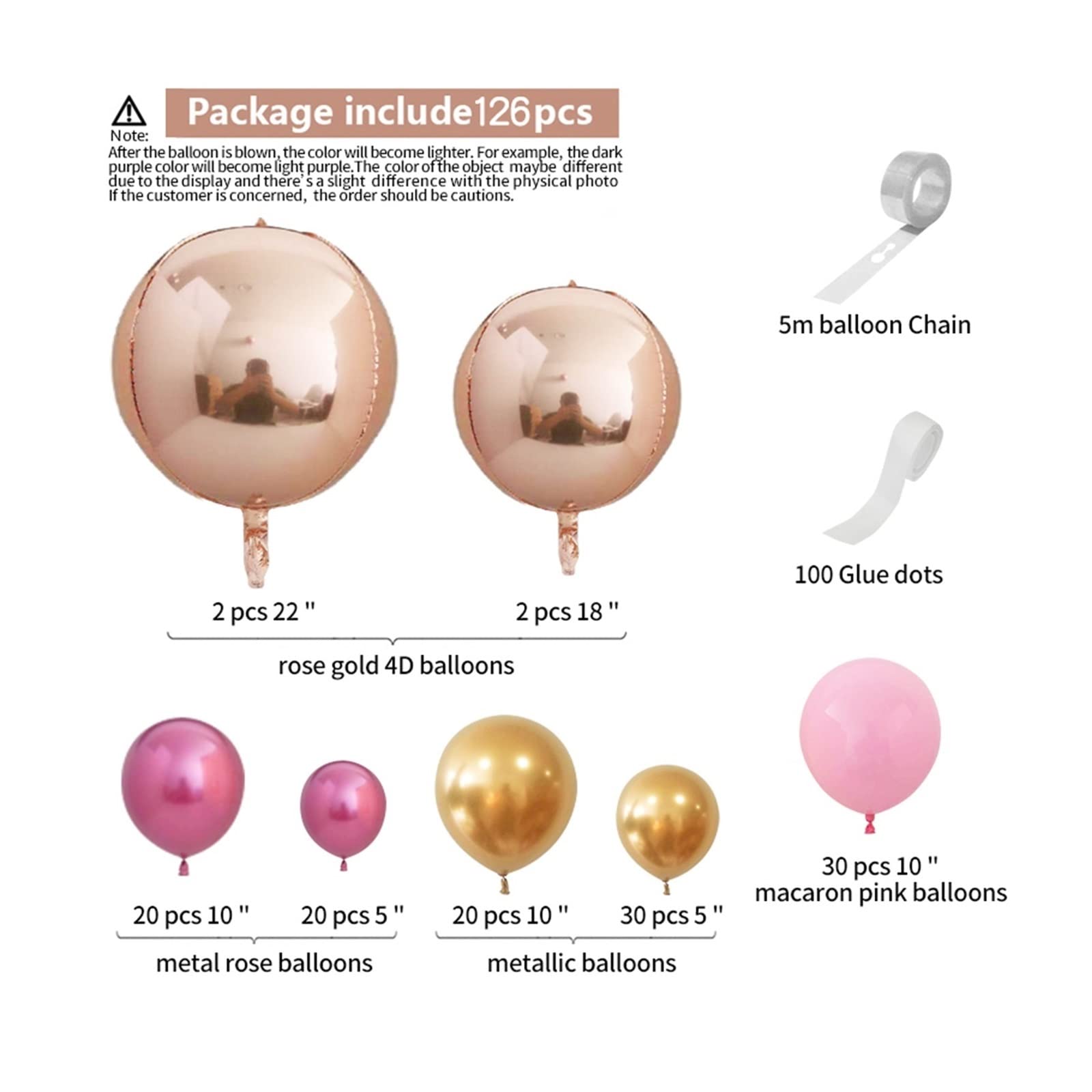 126pcs Chrome Gold Rose & Pastel Pink Balloon Garland Arch Kit - 4D Rose Balloons for Birthday, Wedding, Christmas Party Decorations | Elegant Balloon Backdrop for Baby Showers, Bridal Showers & Anniversary Celebrations (Gold Rose)