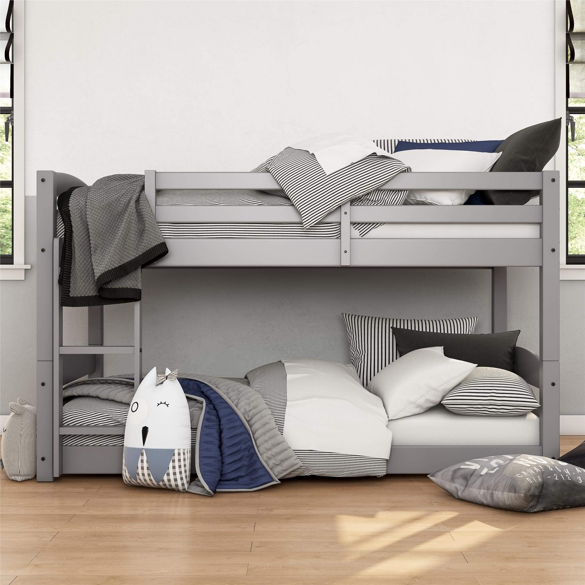 DHP Phoenix Convertible Low Wood Floor Bunk Bed for Kids - Twin Over Twin Stackable & Detachable Solid Wood Bed Frame with Ladder & High Guardrail - No Box Spring Needed - Gray - Perfect for Small Bedrooms, Guest Rooms & Kids' Shared Spaces