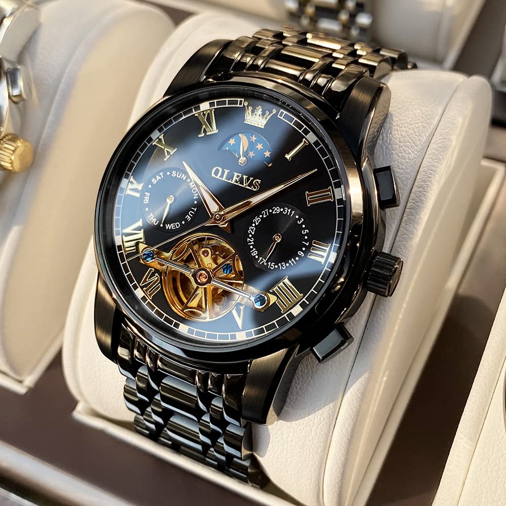OLEVS Men's Automatic Mechanical Tourbillon Watch - Self-Winding Luxury Stainless Steel Waterproof Wristwatch with Luminous Hands & Date Display | Perfect for Business, Formal Events & Everyday Wear