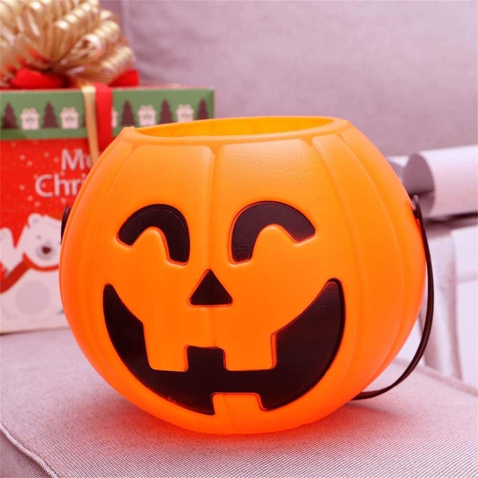 Halloween Pumpkin Candy Bucket with Handle - Large Plastic Trick or Treat Container for Kids, Portable Pumpkin Pail for Halloween Party Supplies & Decorations - Perfect for Trick-or-Treating, Candy Collection, and Halloween Decor