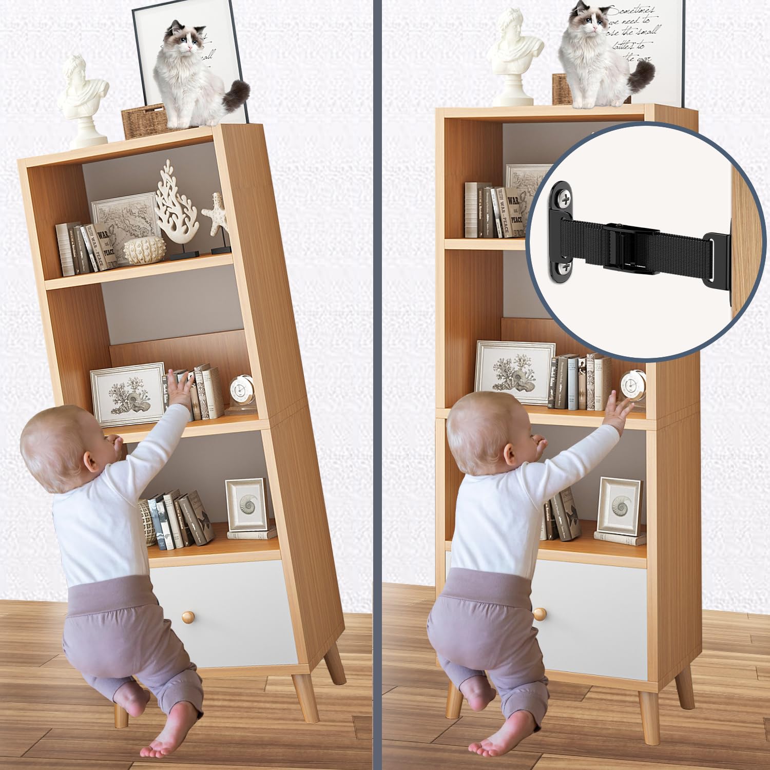 OKE Heavy Duty Anti-Tip Furniture Anchors (2 Sets) - Adjustable Earthquake Straps for Baby Proofing & Home Safety - Secure Dressers, Bookshelves & Cabinets - Black
