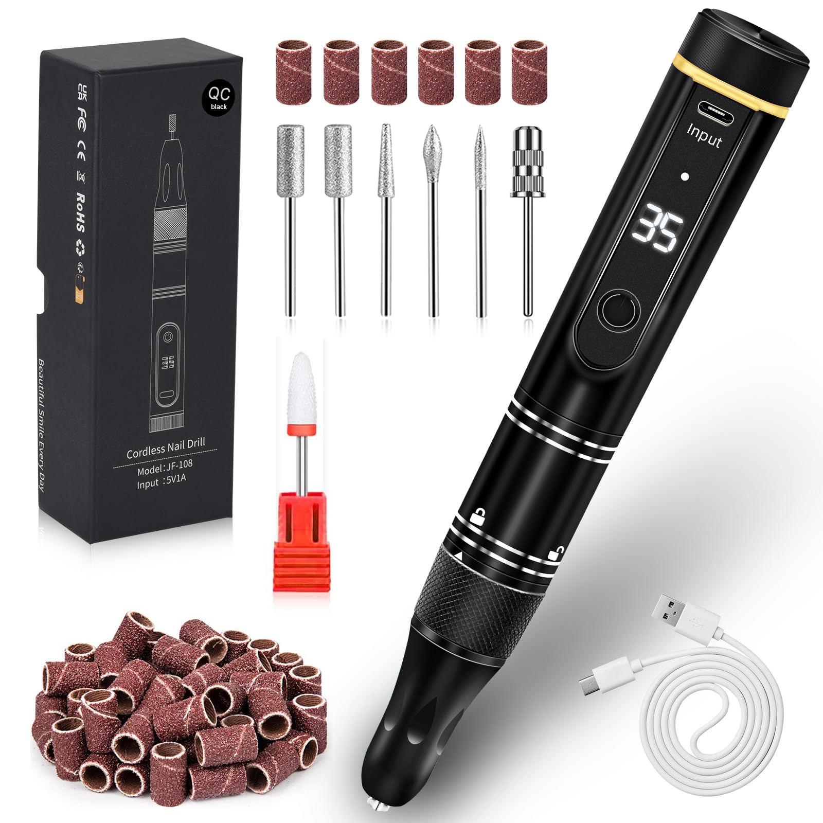 Professional Cordless Nail Drill Kit - 35000 RPM Rechargeable Electric Nail File for Acrylic & Gel Nails | Wireless Manicure Pedicure Tool with Polishing & Remover Attachments | Perfect for Salon, Home Use & DIY Nail Art