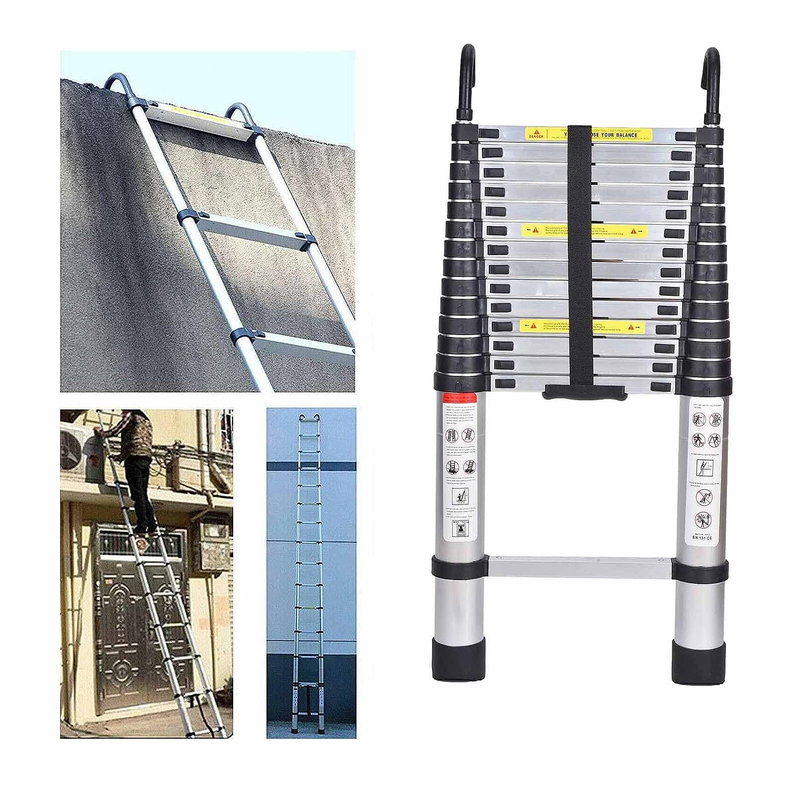 Heavy Duty Aluminum Telescoping Ladder 10.1ft - 330lb Load Capacity with Detachable Hooks - Portable Extension Ladder for Home, RV, Roofing, Painting & Outdoor Use (Silver)
