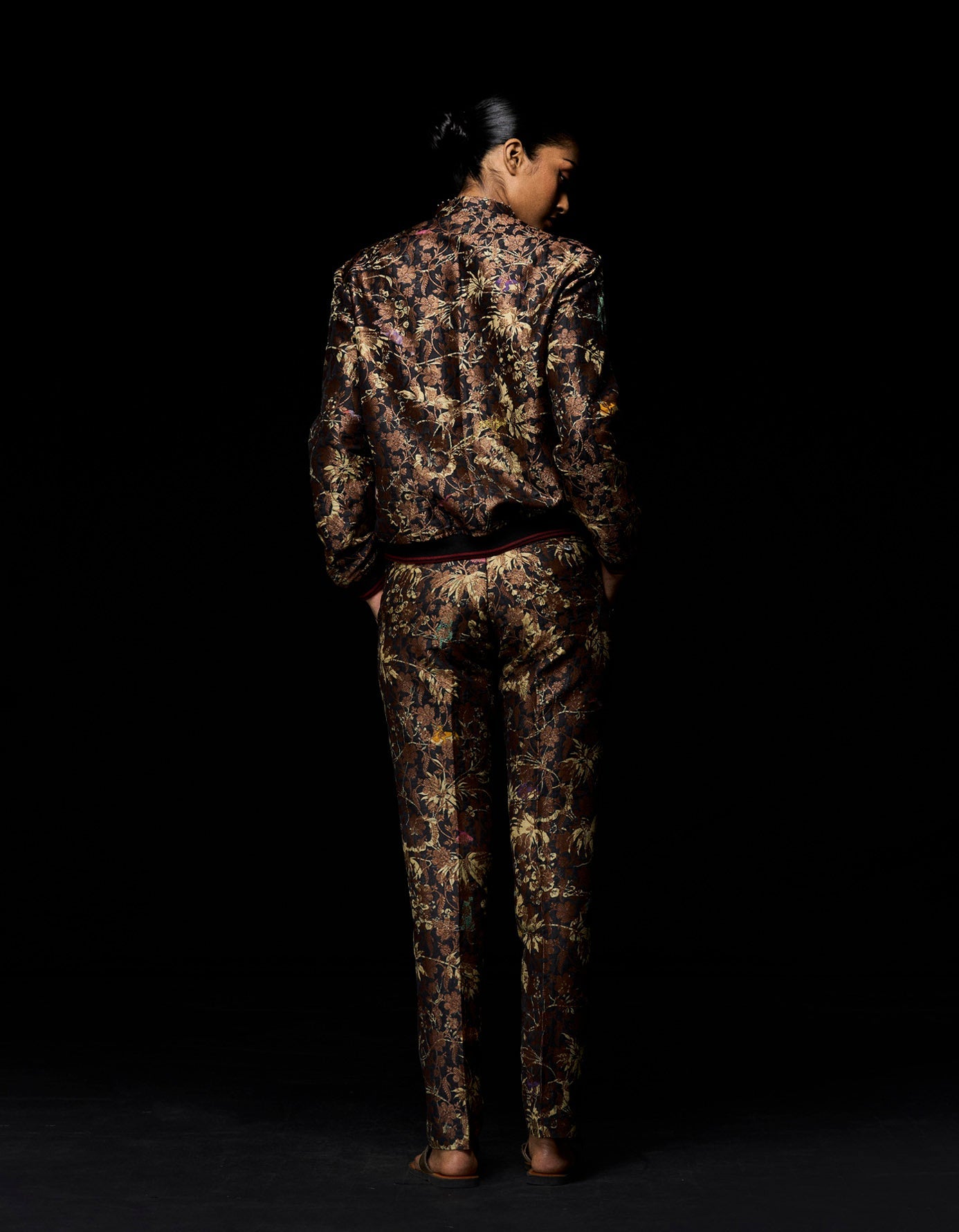 Classic Black Silk Brocade Trousers for Women - Elegant Formal Pants for Office, Evening Events & Special Occasions