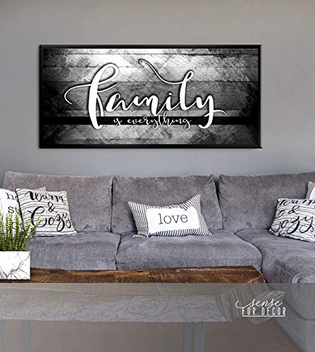Family Is Everything Wall Art - Framed Canvas Painting for Living Room & Farmhouse Decor - Grey & Black Floating Frame 42x19 - Perfect for Home, Bedroom, Office & Gifts