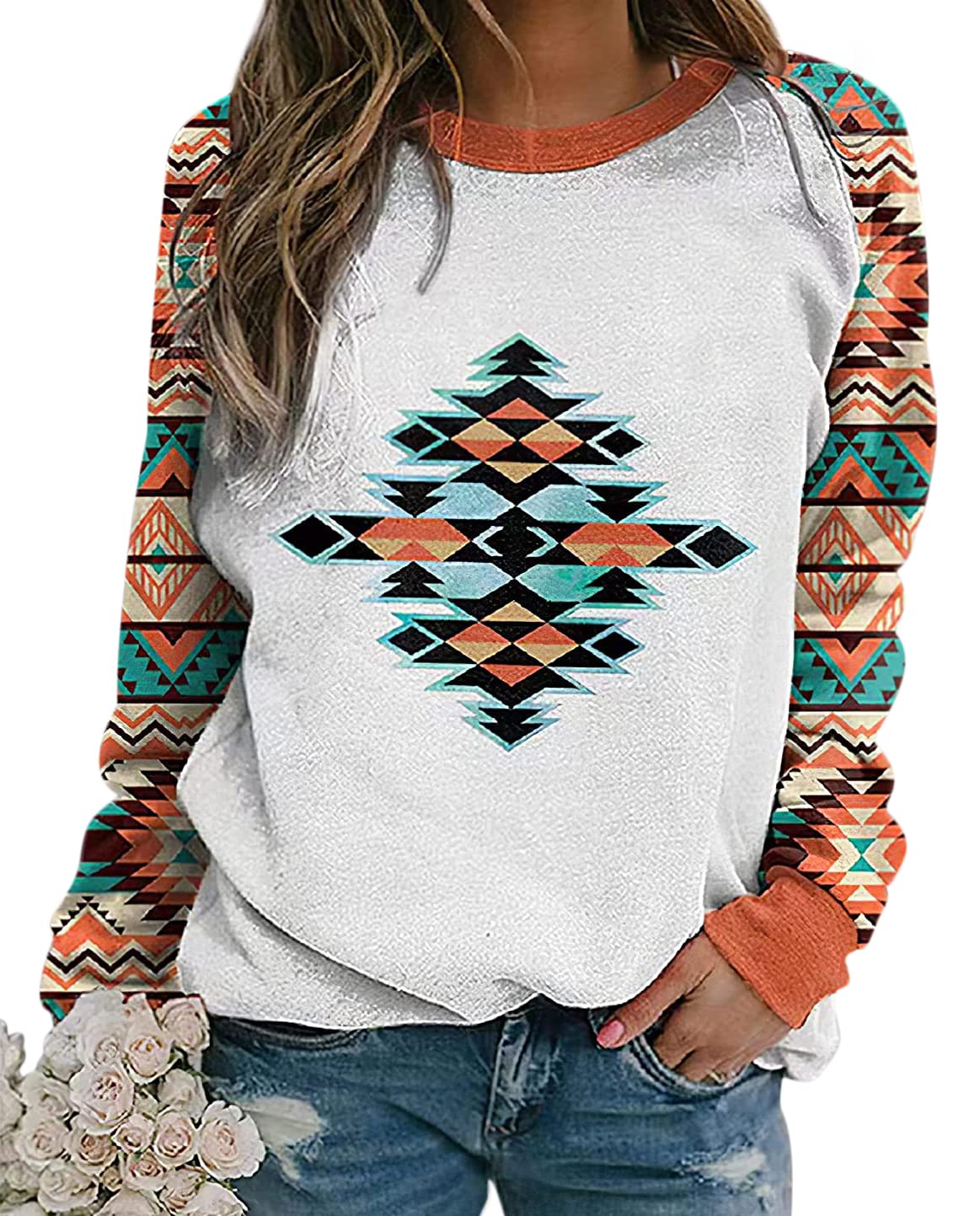 Lafolie Women's Western Aztec Print Crewneck Sweatshirt - Long Sleeve Ethnic Style Casual Top for Fall Fashion, Boho Outfits & Western Wear