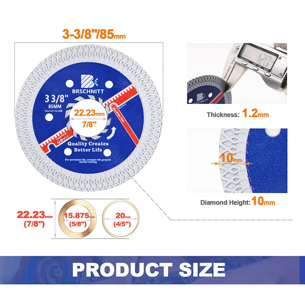 BRSCHNITT 10-Pack 85mm Super Thin Diamond Porcelain Saw Blades - 22.23mm/20mm/16mm Arbor - Angle Grinder Cutting Disc for Dry/Wet Cutting Tile, Ceramic, Marble & Granite | Perfect for Home Renovation & Professional Tile Installation