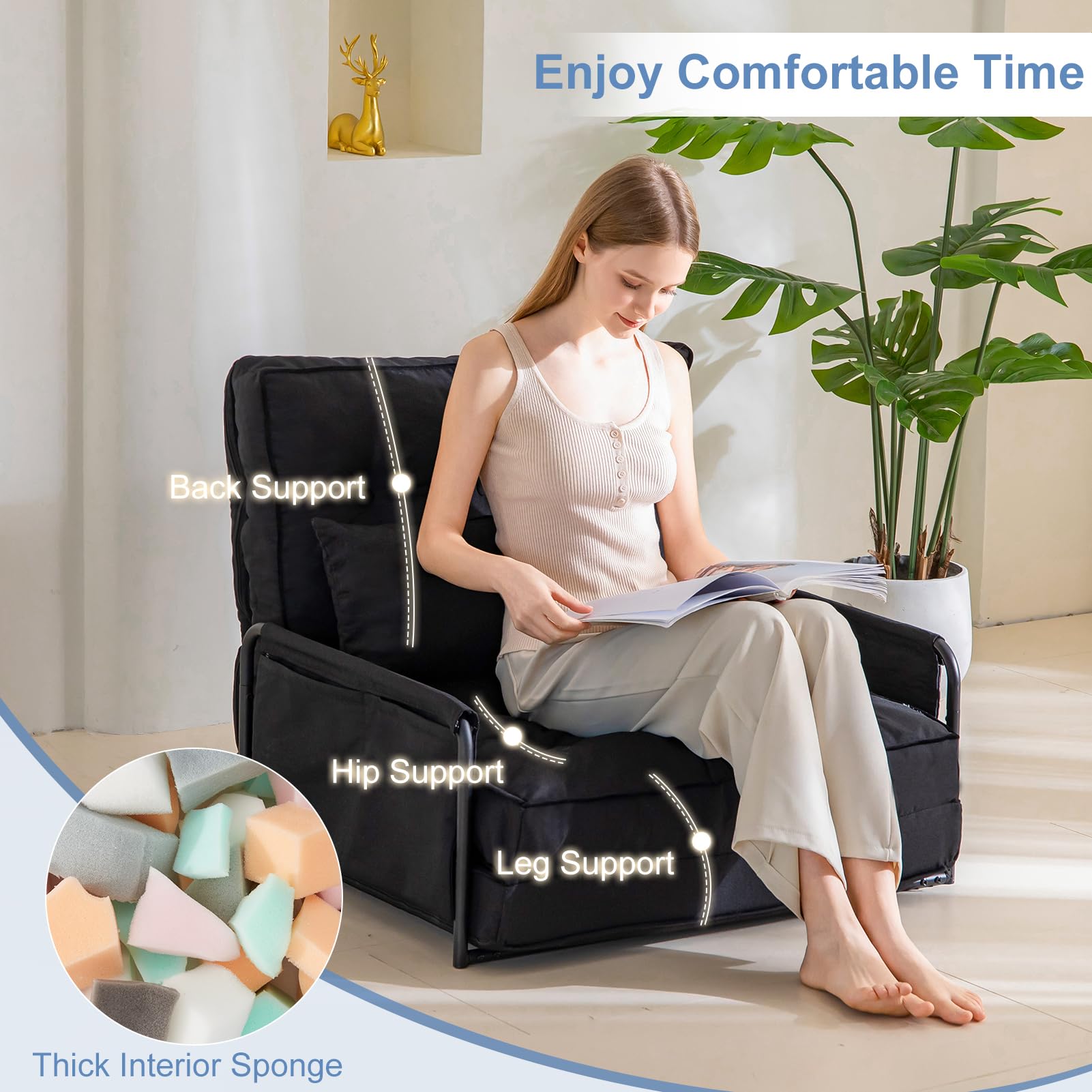 MAXYOYO Adjustable Floor Sofa Bed - Multi Functional Folding Couch Bed with Pillows for Living Room, Guest Room & Small Spaces - Single Size Black Futon for Lounge, Nap & Sleep