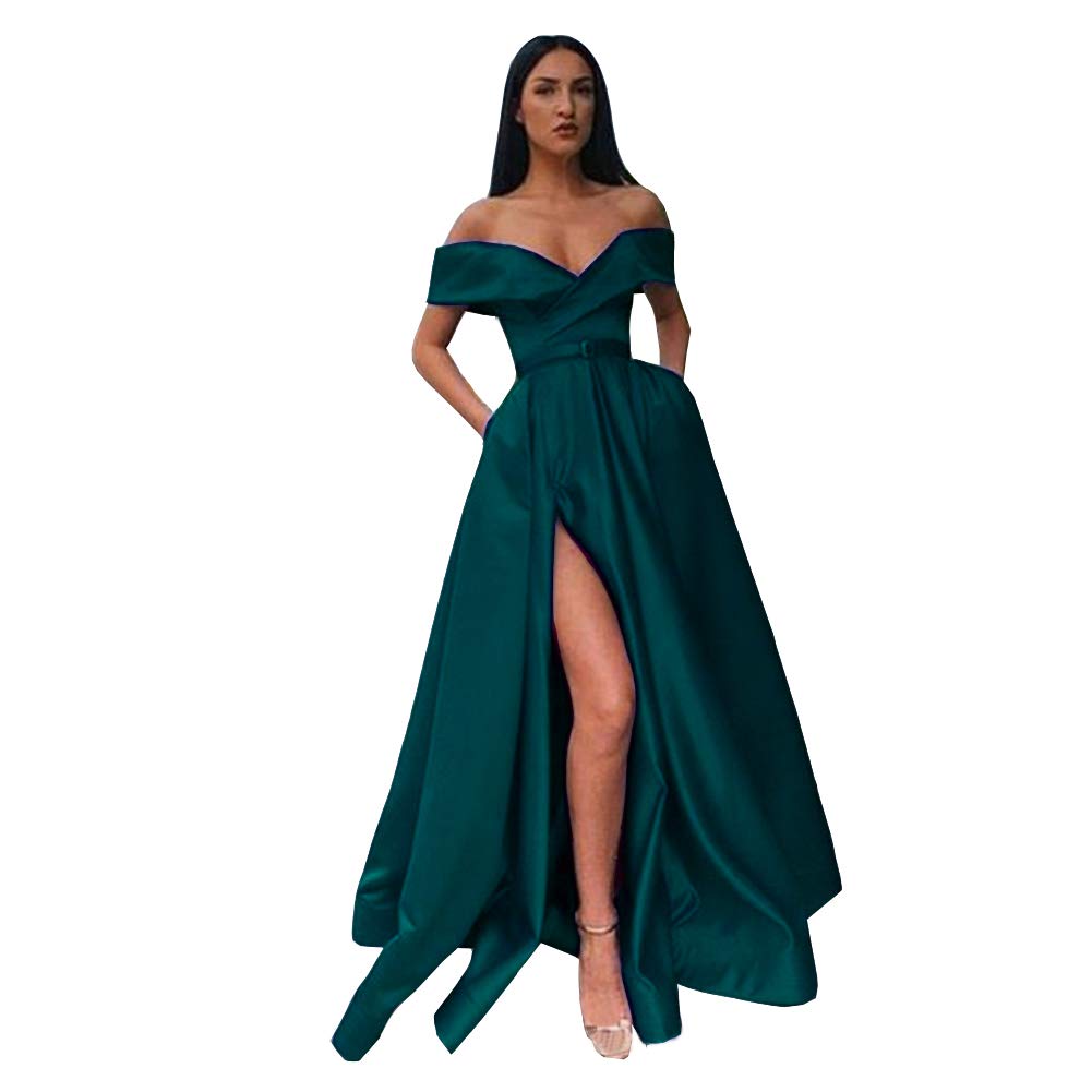 Emanni Women's Off Shoulder Long Satin Prom Dress with Side Slit - A-Line Evening Gown for Formal Parties, Homecoming, Quinceañera & Special Occasions - Elegant Teal Blue Formal Attire