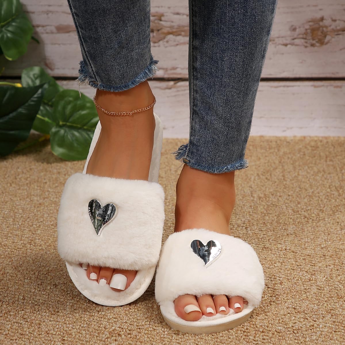 Women's Fuzzy Fluffy Slippers - Cozy Heart Design Open Toe House Slides for Indoor Comfort, Perfect for Brides & Home Relaxation | Ideal for Lounging, Spa Days & Wedding Preparations