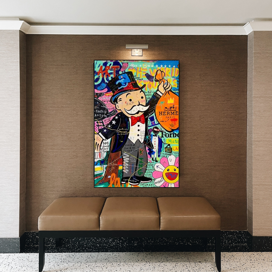 Alec Monopoly 'The World is Yours' Money Bag Canvas Wall Art - Pop Art Home Decor for Living Room, Office & Game Room