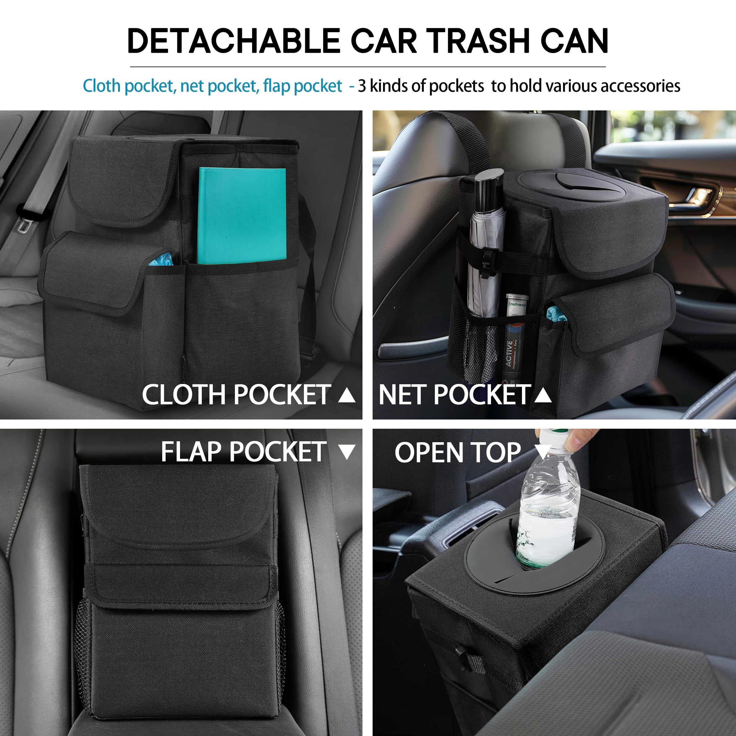 Leak-Proof Car Trash Can with Lid & Storage Pockets - Waterproof Vehicle Garbage Bin Organizer | Perfect for Road Trips, Commuting & Family Car Rides