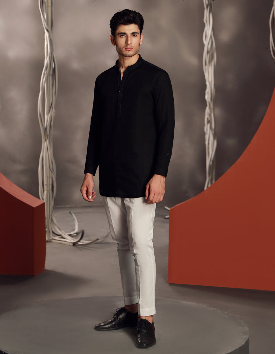 J. Junaid Jamshed Black Cotton Kurta for Men - Traditional Pakistani Indian Ethnic Wear for Weddings & Festivals