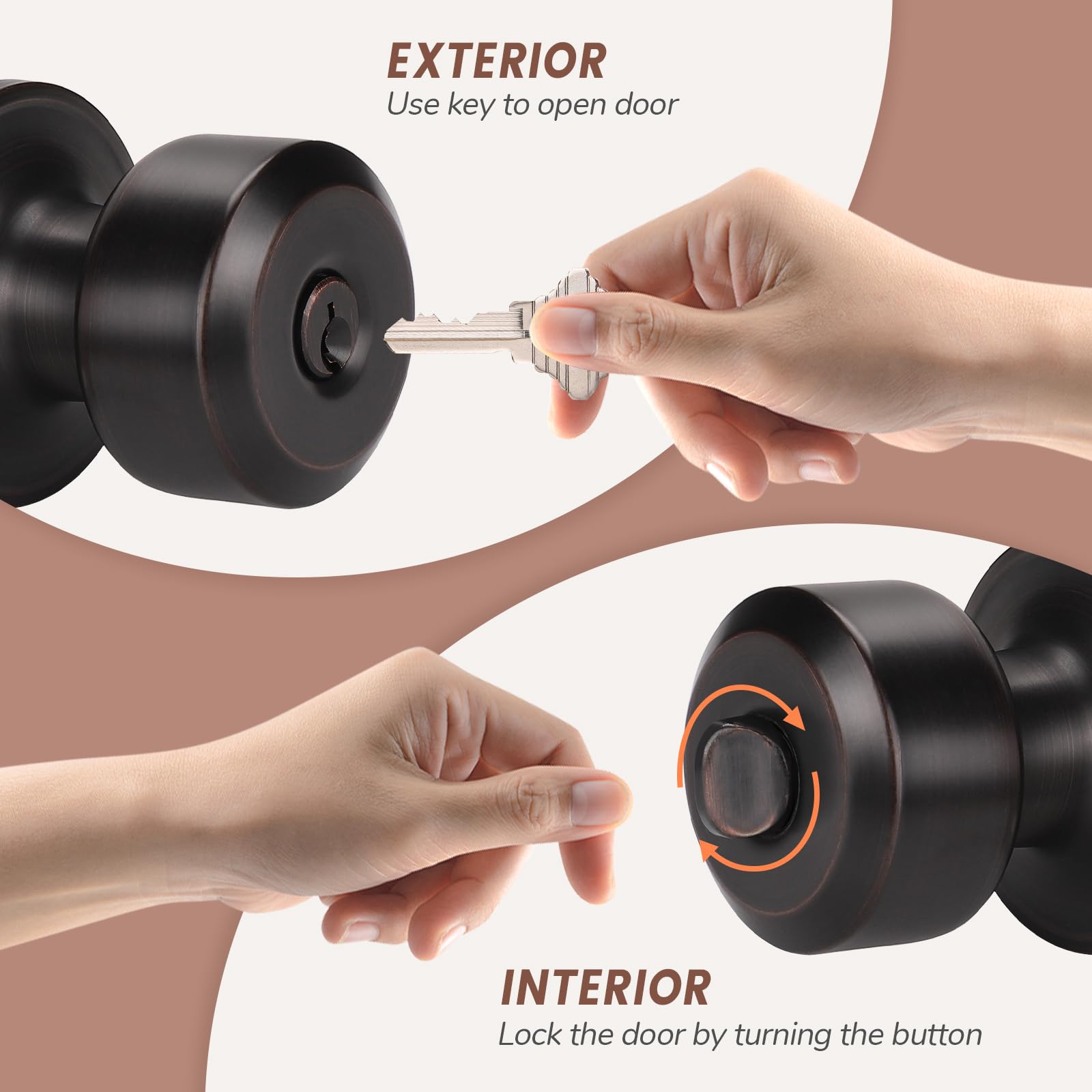 KNOBWELL 3 Pack Keyed Entry Door Knob Set with Lock - Interior & Exterior Keyed Alike Door Handles - Oil Rubbed Bronze & Stainless Steel Front Door Knobs for Home Security | Perfect for Front Doors, Bedrooms, Offices & Rental Properties