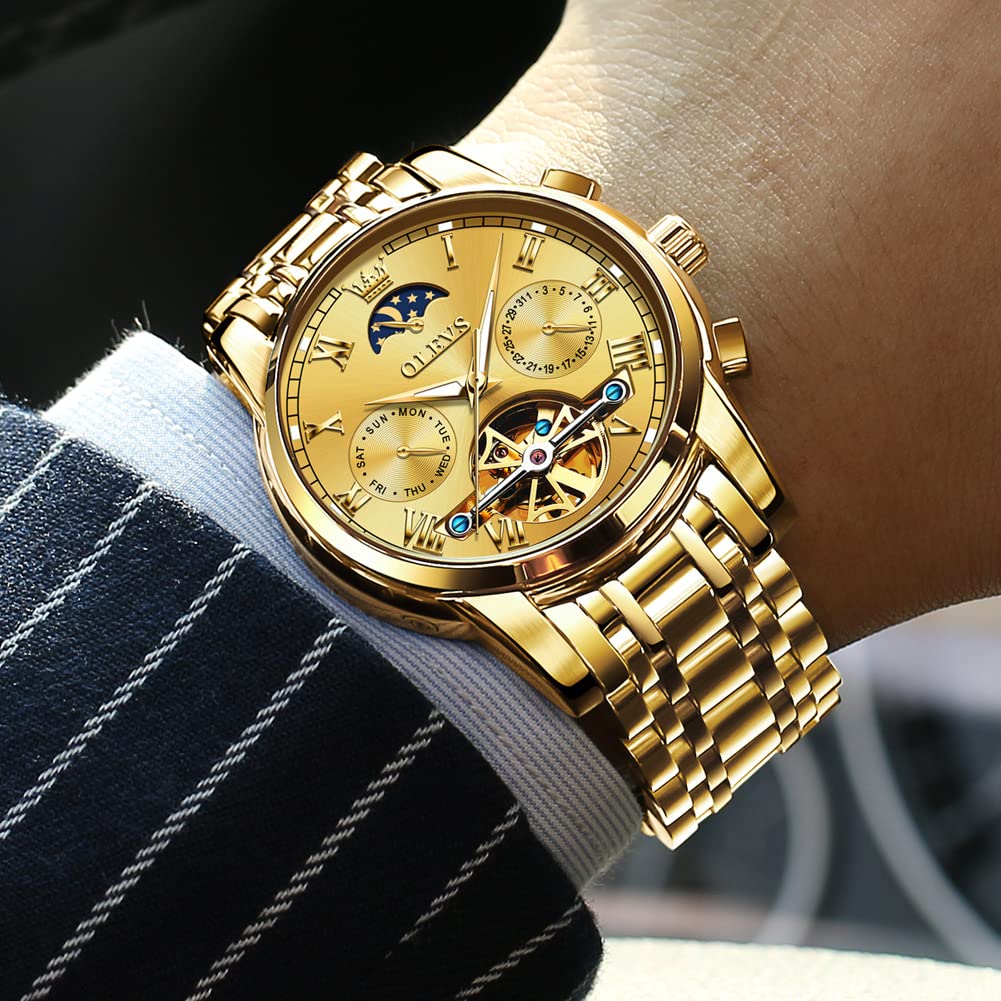 OLEVS Men's Automatic Mechanical Tourbillon Watch - Self-Winding Luxury Stainless Steel Waterproof Wristwatch with Luminous Hands & Date Display | Perfect for Business, Formal Events & Everyday Wear