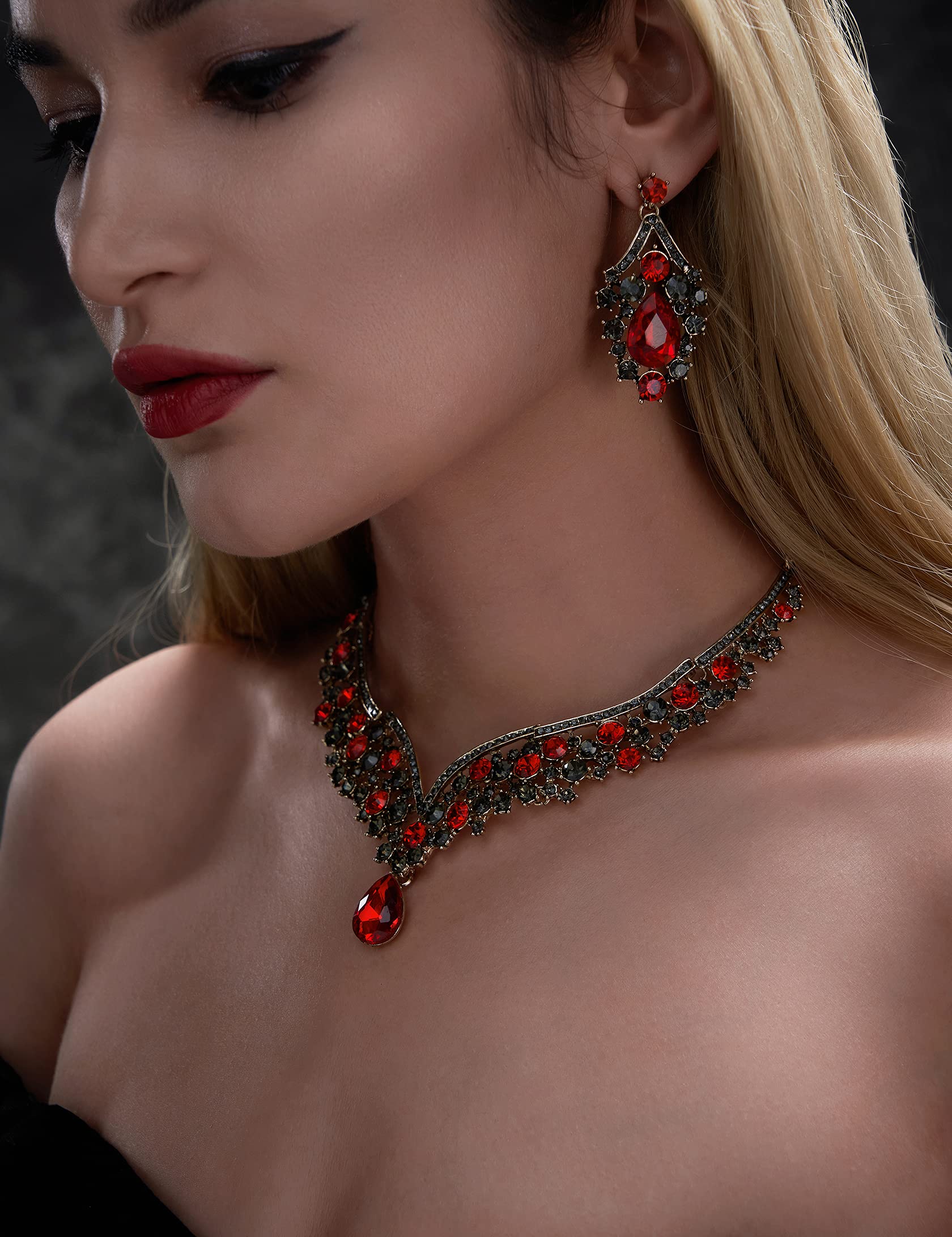 SWEETV Baroque Wedding Crown for Bride - 3-Piece Tiara, Earrings & Necklace Set | Red & Black Crystal Bridal Jewelry | Perfect for Weddings, Costume Parties, Prom & Pageants | Genesis Collection