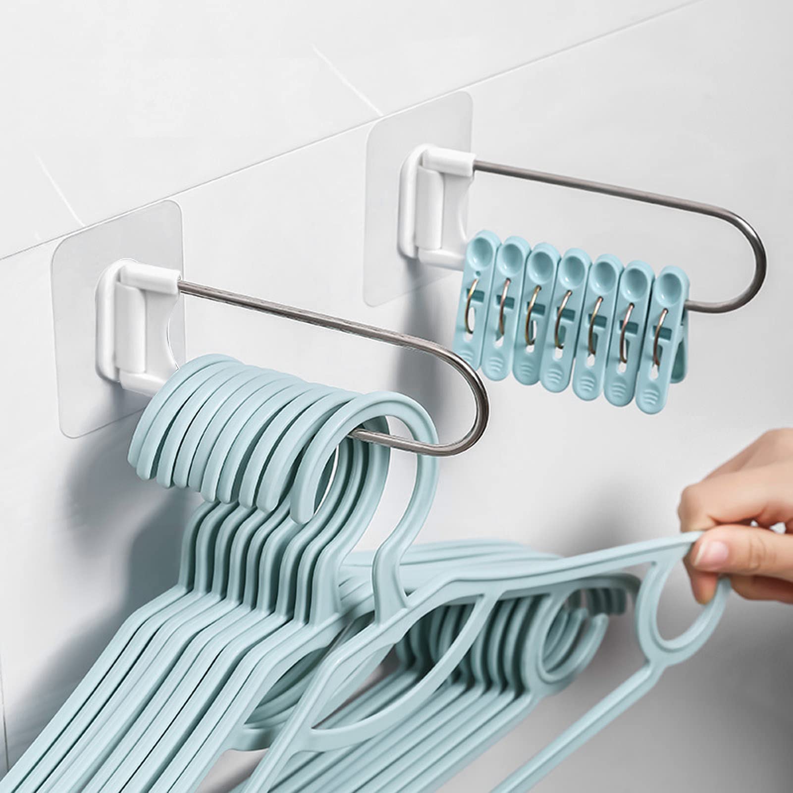 Stainless Steel U-Shaped Clothes Hanger Organizer - Space Saving Wall Mounted Towel & Clothing Rack with Adhesive Hooks - Foldable Laundry Storage Solution for Closet, Bathroom & Dorm Organization