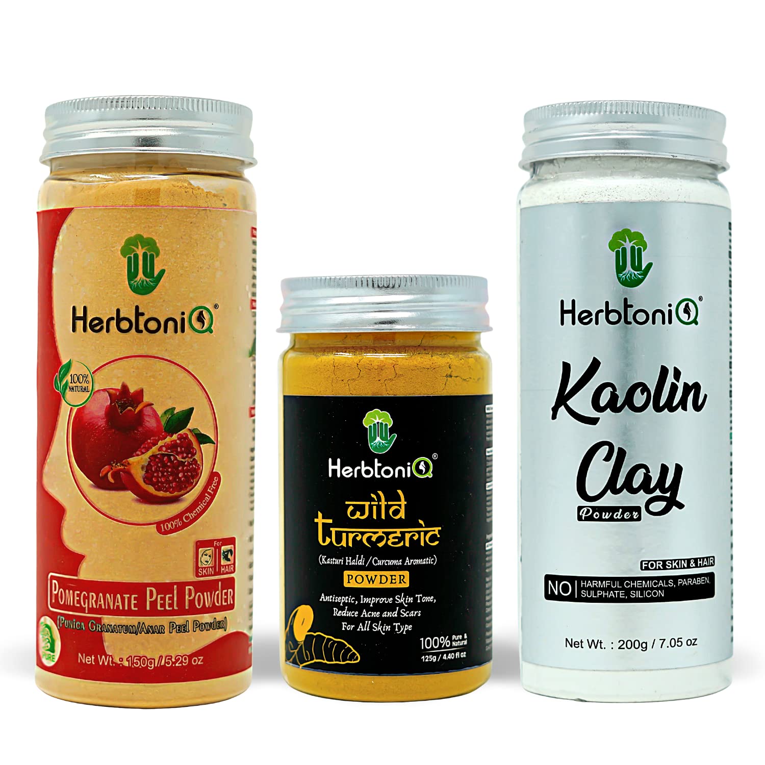 HerbtoniQ Pomegranate Peel Powder, Wild Turmeric (Kasturi Haldi) & Kaolin Clay - 100% Natural Face & Hair Mask Kit for Glowing Skin | DIY Homemade Face Wash, Scrub & Body Pack | Unisex Skincare Set (475g) - Perfect for Spa Day, Self-Care Routine & Natural Beauty Treatments