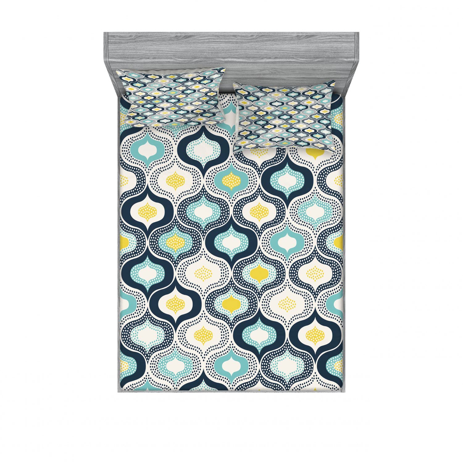 Ambesonne Moroccan Style 2-Pack Queen Fitted Sheet Set with 4 Pillow Shams - Blue & White Dot Pattern Modern Bedding Decor for Guest Room & Master Bedroom