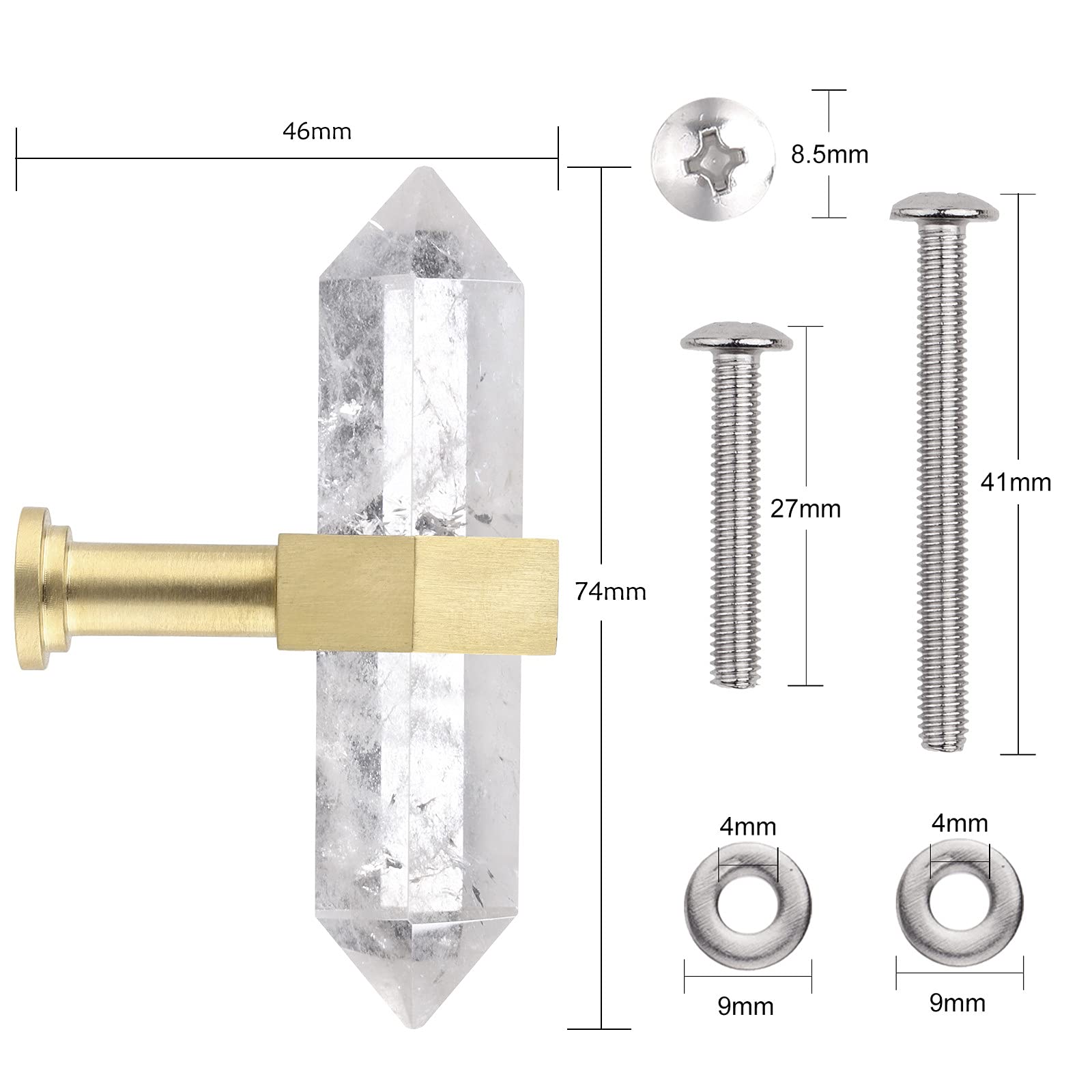 Rock Quartz Crystal Drawer Knobs Set of 2 - Brushed Brass Cabinet Handles for Kitchen & Dresser Decor