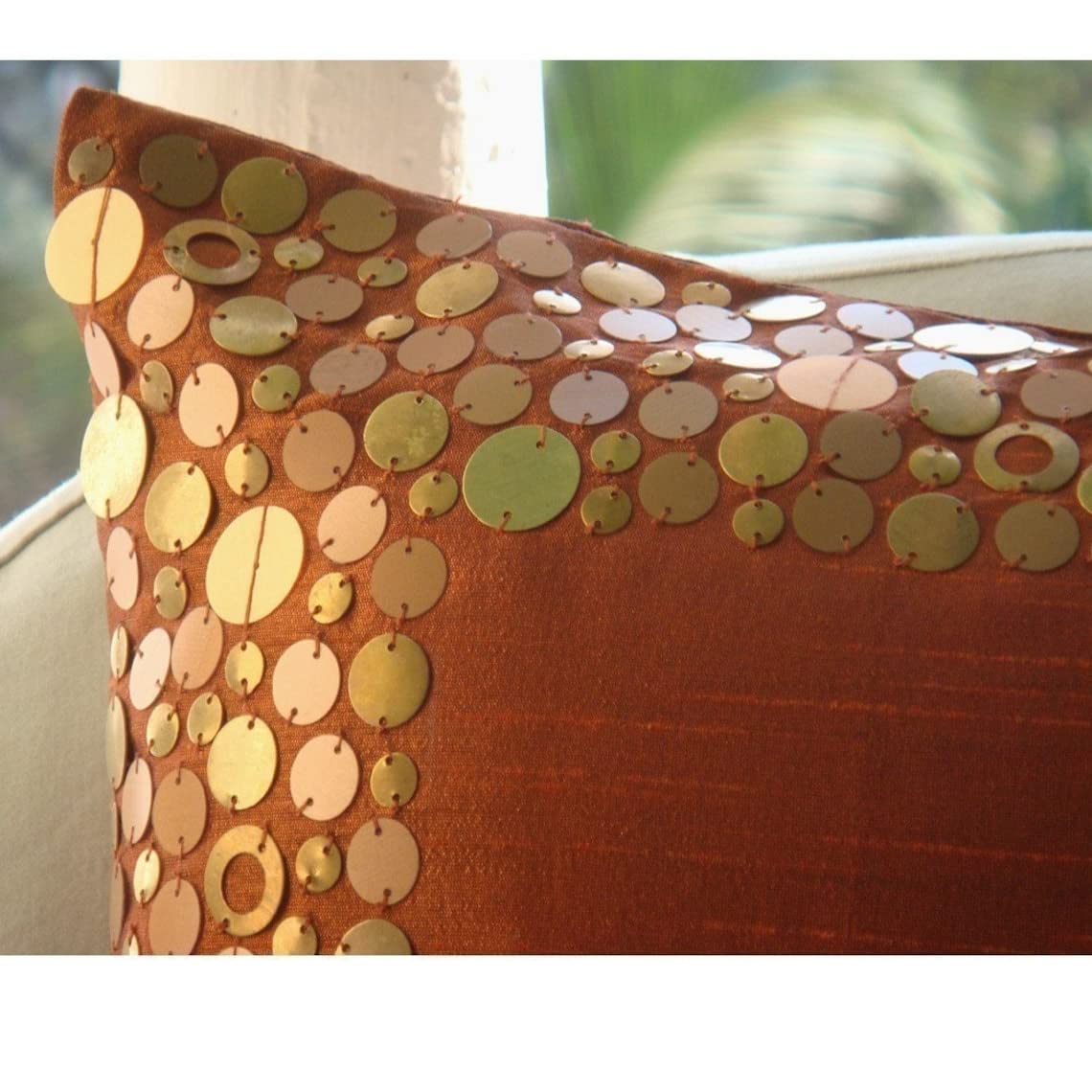 Premium Rust Glamor Metal Sequins Bordered Pillow Sham - 24x24 Inch (60x60 cm) Square Silk Pillow Cover for Sofa, Bed, Couch - Modern Home Decor for Easter & Holiday Season