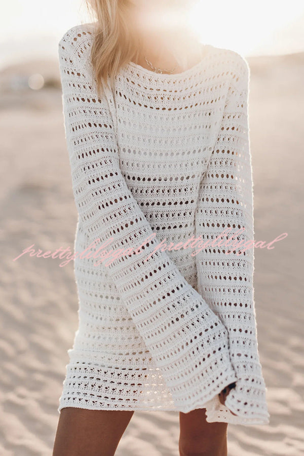 Sunset Love Knit Open Back Tie-Up Flare Sleeve Cover Up Mini Dress - Perfect for Beach Vacation, Summer Party & Boho Fashion