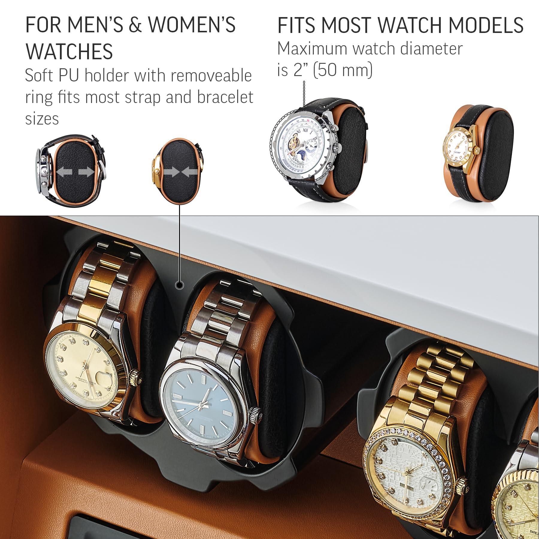 4 Watch Winder with 5 Watch Storage - LCD Display, Touch Control & LED Interior Light - Automatic Watch Winder for Rolex, Omega & Luxury Watches - Perfect for Home, Office & Travel Use