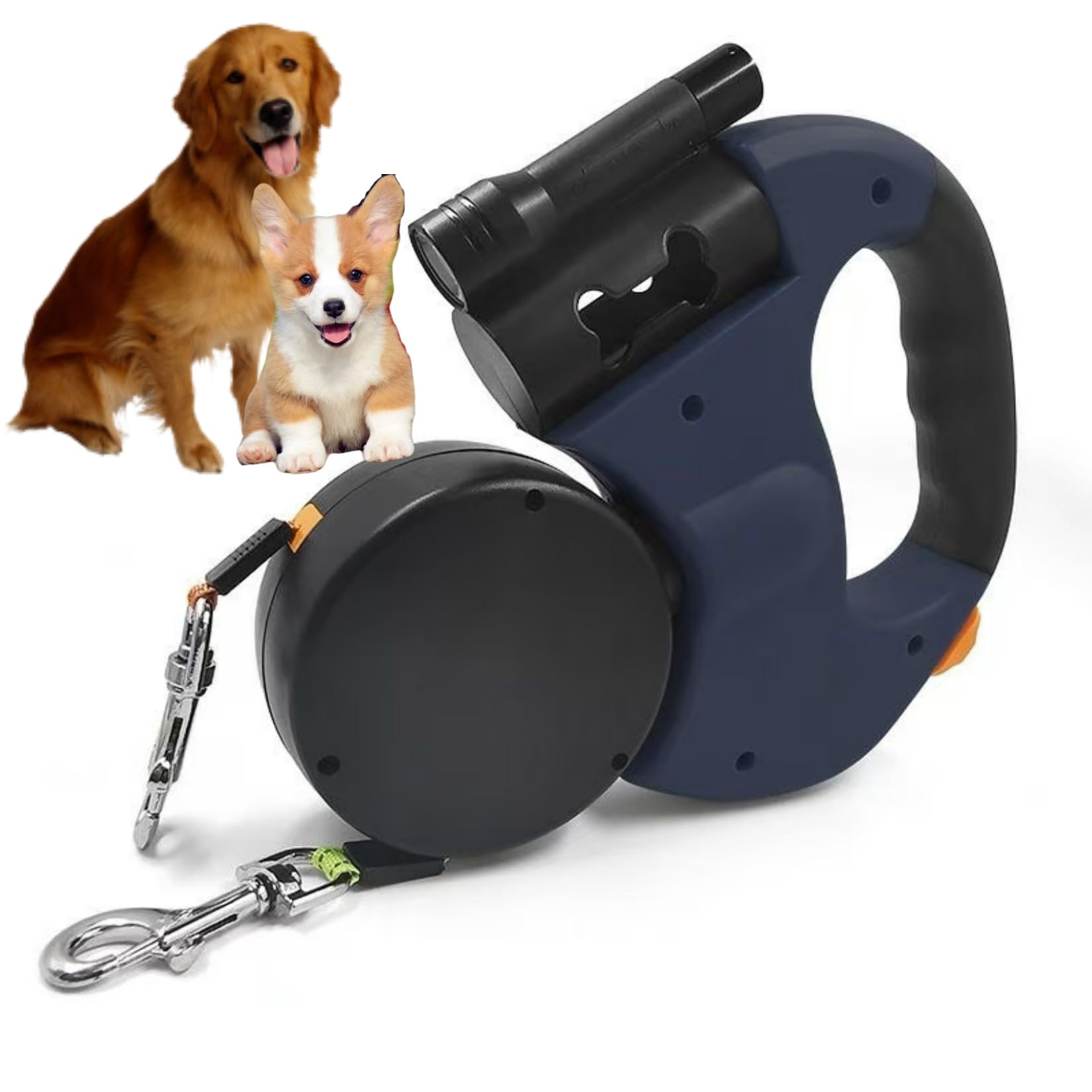 Dual Retractable Dog Leash for 2 Dogs Up to 33 Lbs - Adjustable Padded Handles, Tangle-Free Locking System with Flashlight & Poop Bag Holder - Perfect for Walking, Hiking & Nighttime Adventures (Blue)