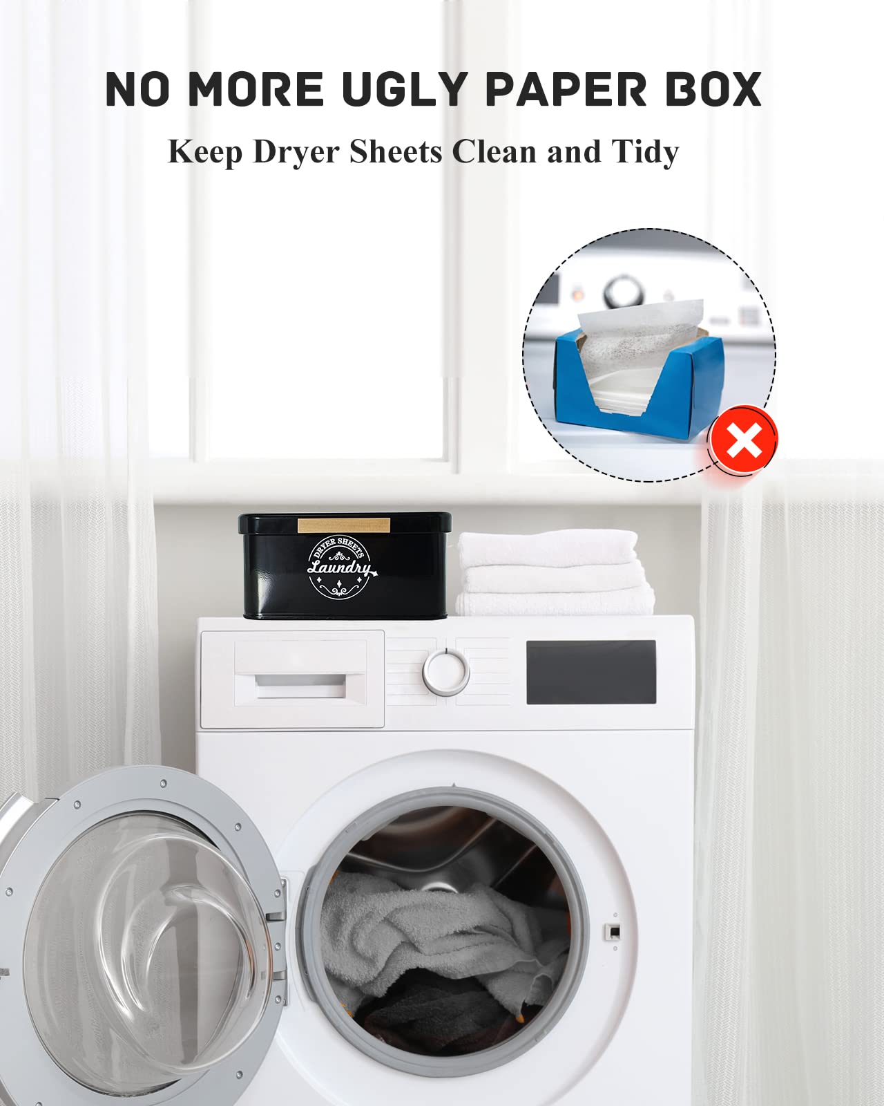 Farmhouse Style Metal Dryer Sheet Holder & Dispenser - Laundry Room Organization & Storage Container for Dryer Sheets - Perfect for Laundry Room Decor & Closet Organization (Black) - Ideal for Homes, Apartments & Laundry Rooms