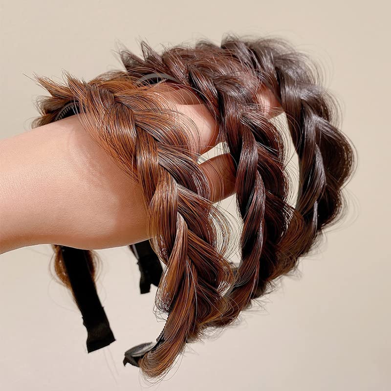 3 PCS Black-Brown/Light Brown/Black Pearl Wig Twist Headbands for Women - Wide Fishbone Braids Hairbands, Handmade Retro Head Hoop Hair Accessories for Styling, Perfect for Parties, Weddings & Everyday Wear