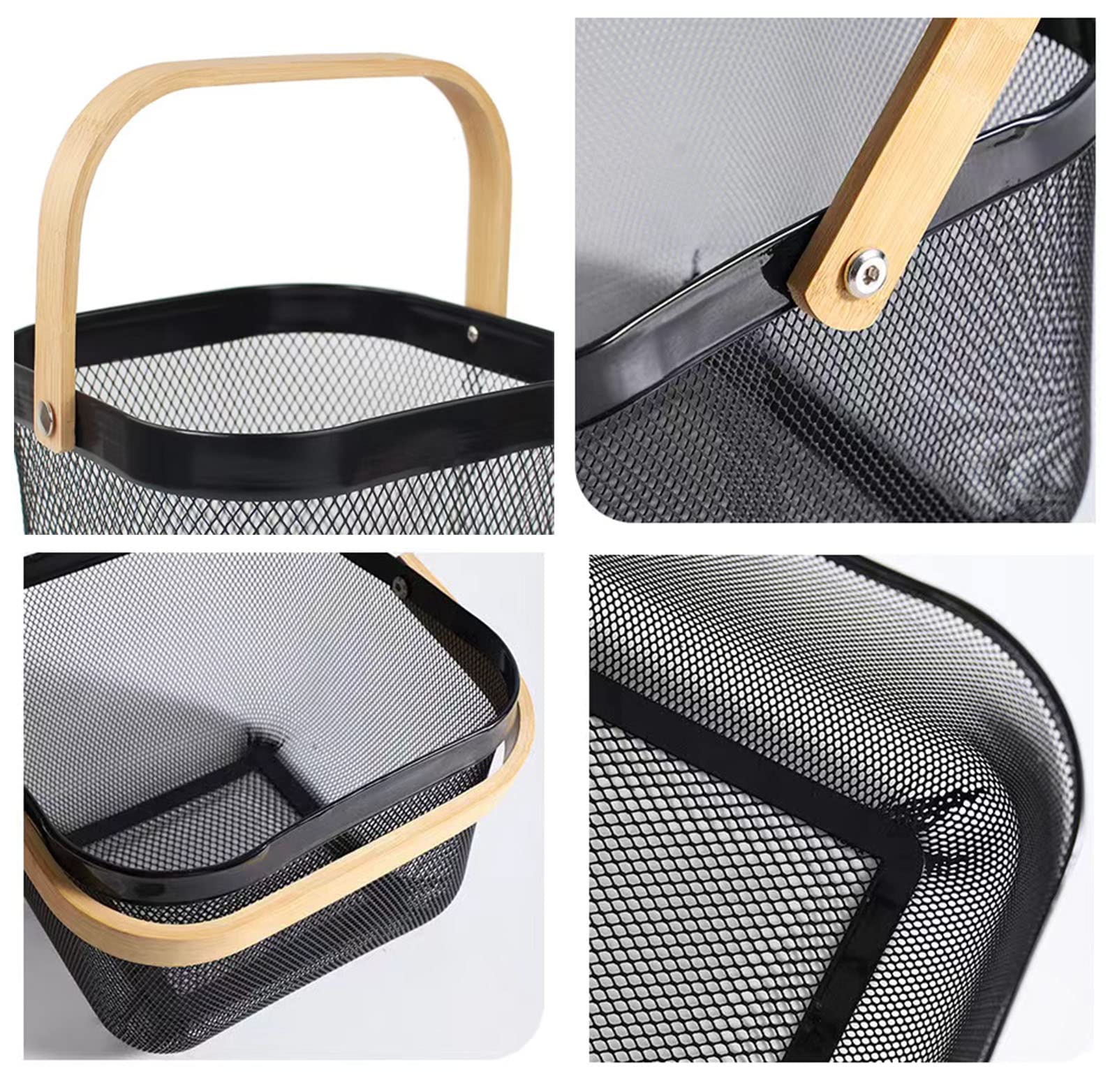 2 Pack Black Metal Mesh Steel Baskets with Wood Handles - Multi-Purpose Storage Organizer for Kitchen, Bathroom, Picnic & Home Decor - Perfect for Fruits, Vegetables, Spices & Household Items