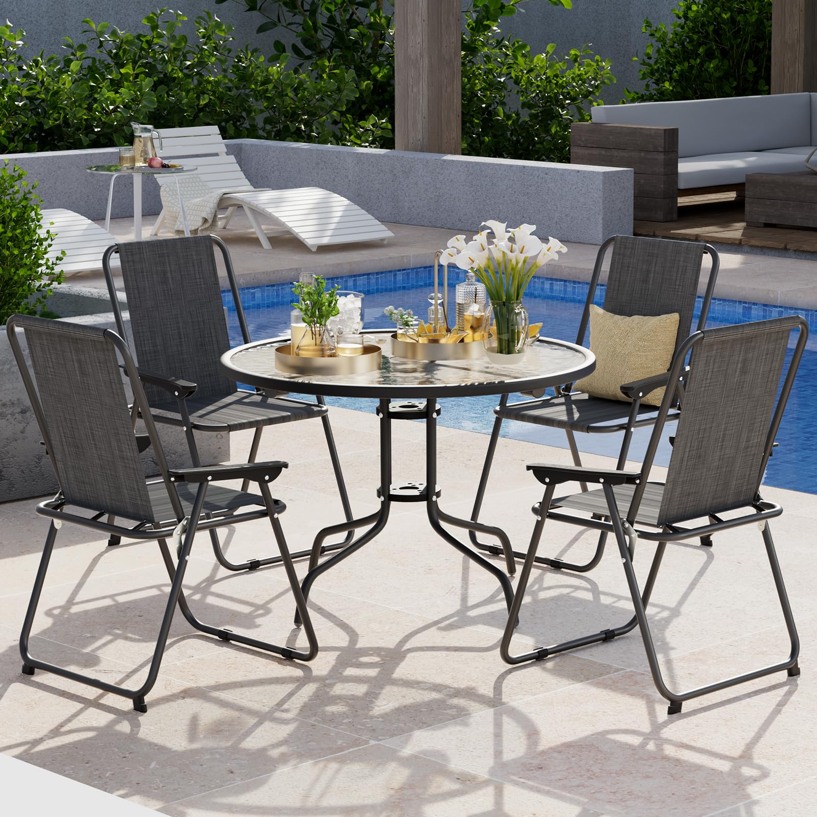 4-Pack Folding Patio Chairs Set - Lightweight Steel Frame Outdoor Dining Chairs with Weather-Resistant Textilene Fabric - Compact Foldable Design (5.7lbs Each, 220lbs Capacity) - Black - Perfect for Backyard, Poolside, Garden & Outdoor Entertaining