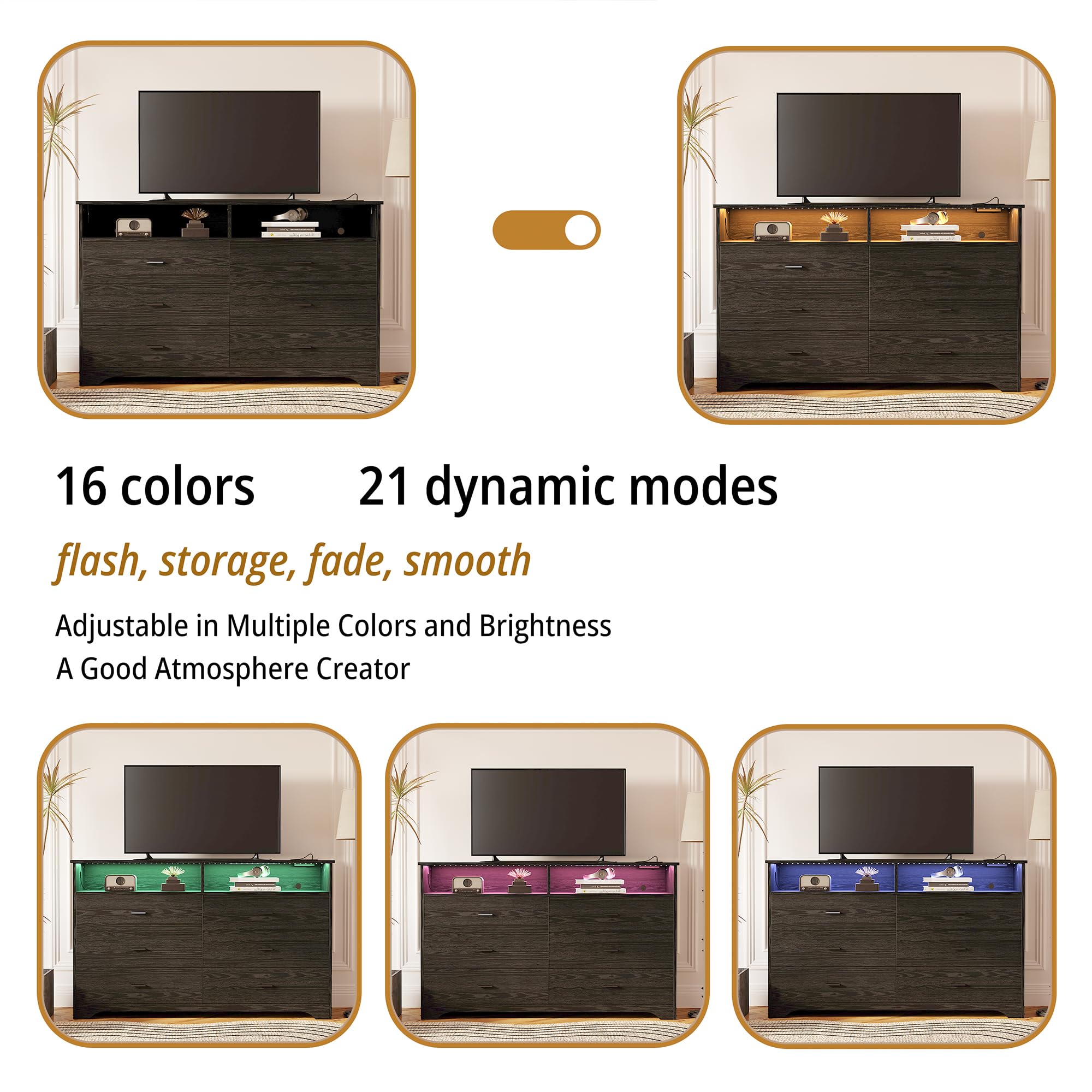 LIKIMIO 6-Drawer 59-Inch Black Dresser with LED Lights & Built-in Power Outlet - Modern Bedroom Storage Cabinet with Ample Space for Clothes, Accessories | Perfect for Master Bedroom, Guest Room & Dorm Organization