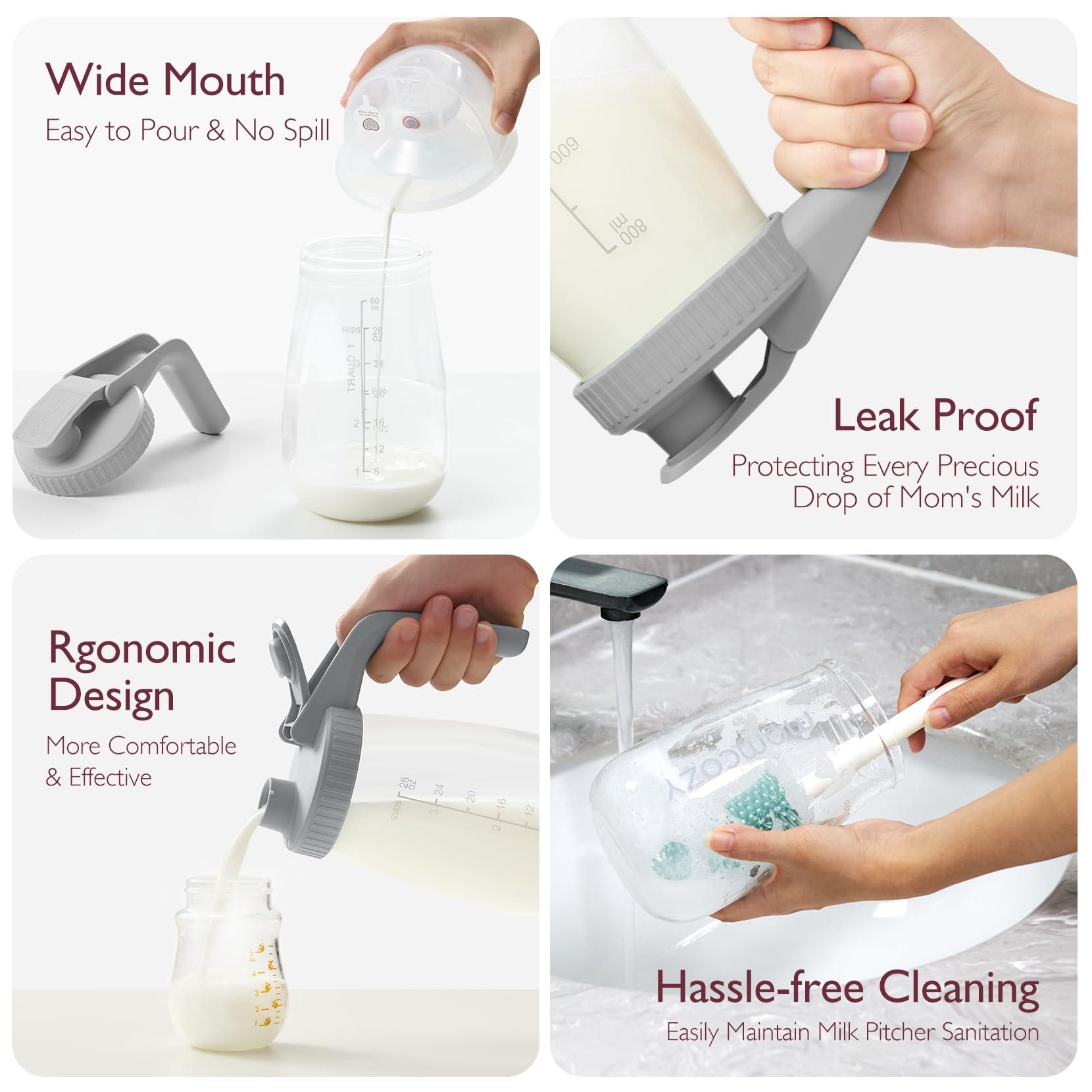 Momcozy Breast Milk Storage Pitcher - Heat & Cold Resistant, Leak-Proof Glass Container with Wide Mouth for Breast Milk & Formula - Perfect for Fridge Storage & Quick Baby Feeding - Essential Breastfeeding Accessory (Grey) - Ideal for Busy Moms & Nighttime Feedings